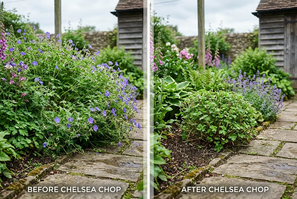 Chelsea chop perennials comparison showing a hardy geranium before and after cutting back in a UK garden