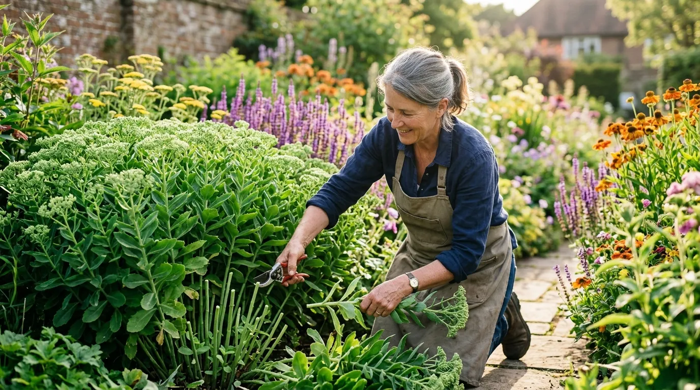 Chelsea chop perennials technique showing a gardener cutting back sedum in a UK herbaceous border