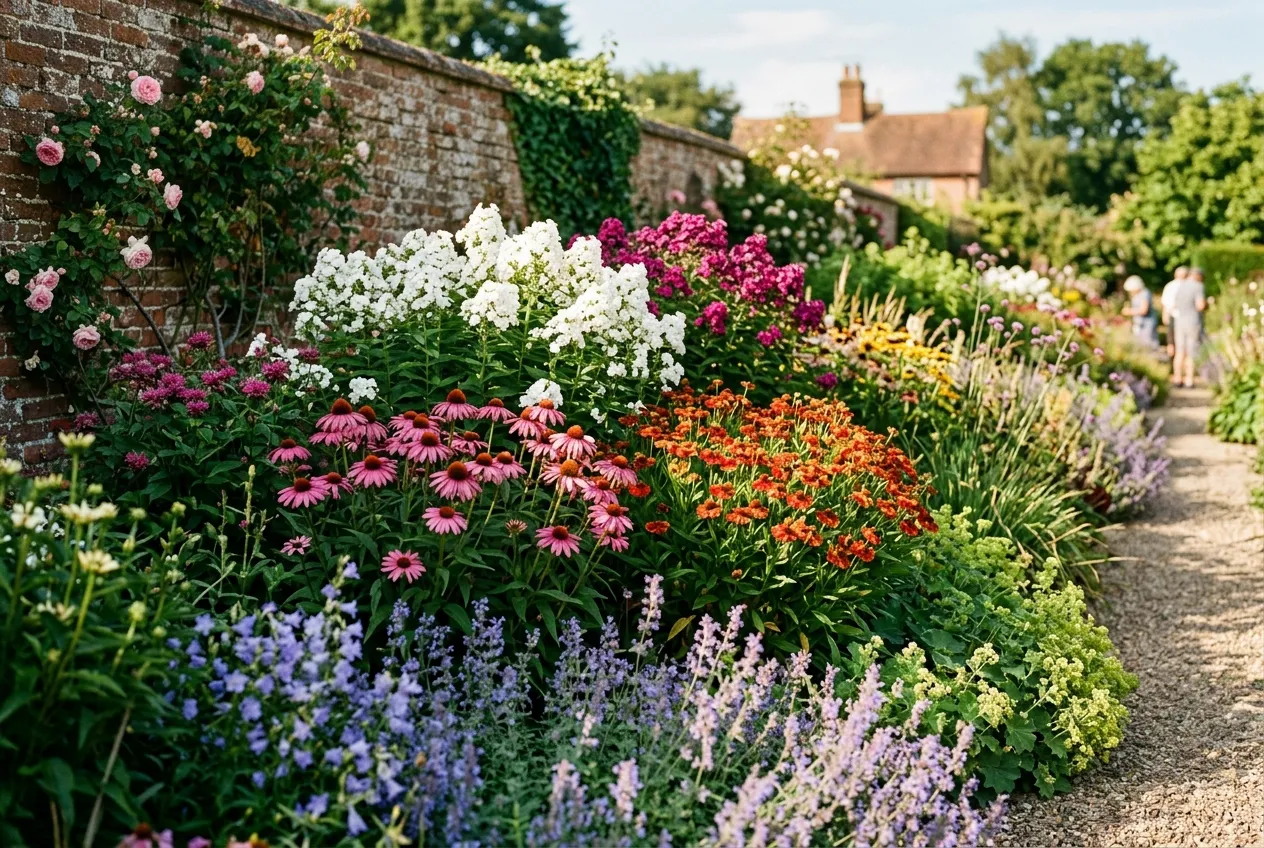 Chelsea chop perennials results showing a staggered flowering border with echinacea, phlox, and nepeta in a UK walled garden