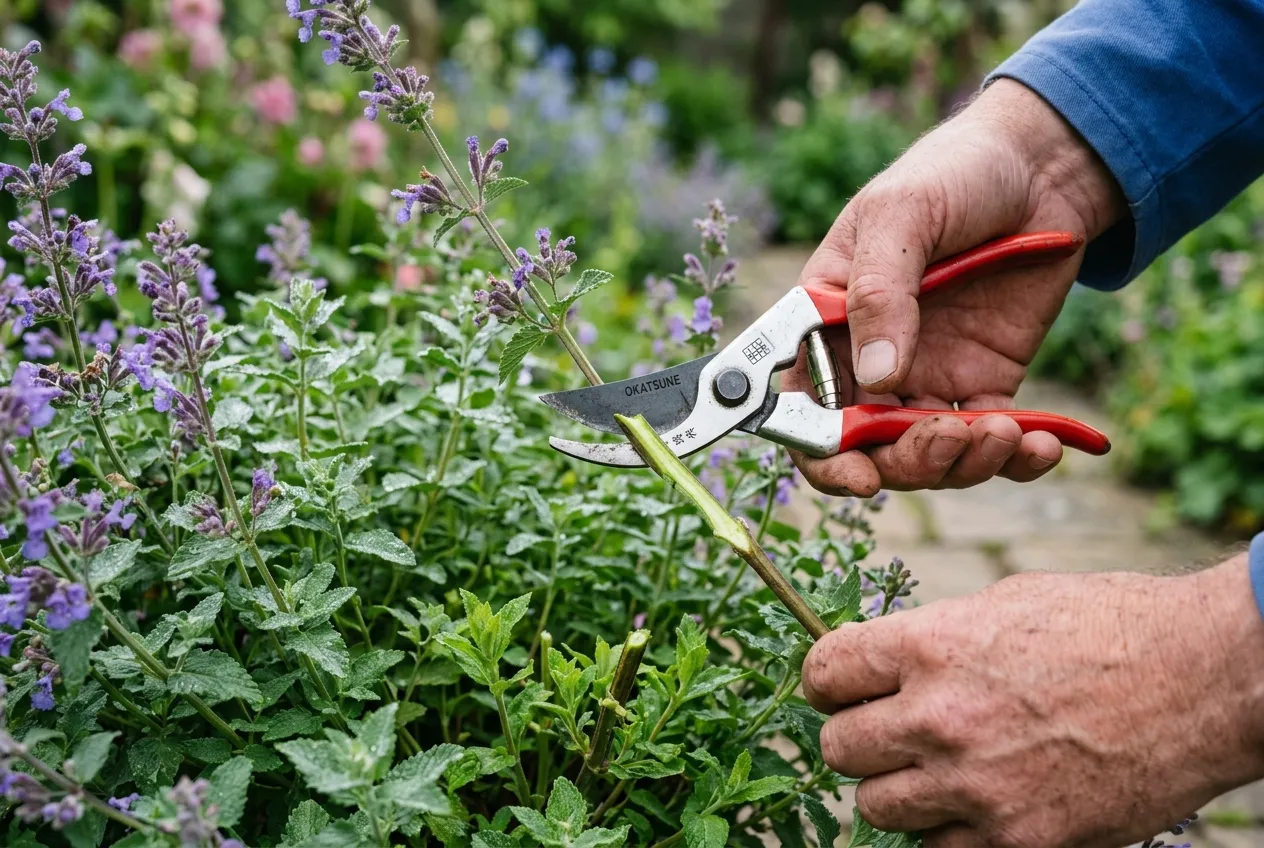 Chelsea chop perennials technique close-up showing secateurs making a clean cut on catmint stem