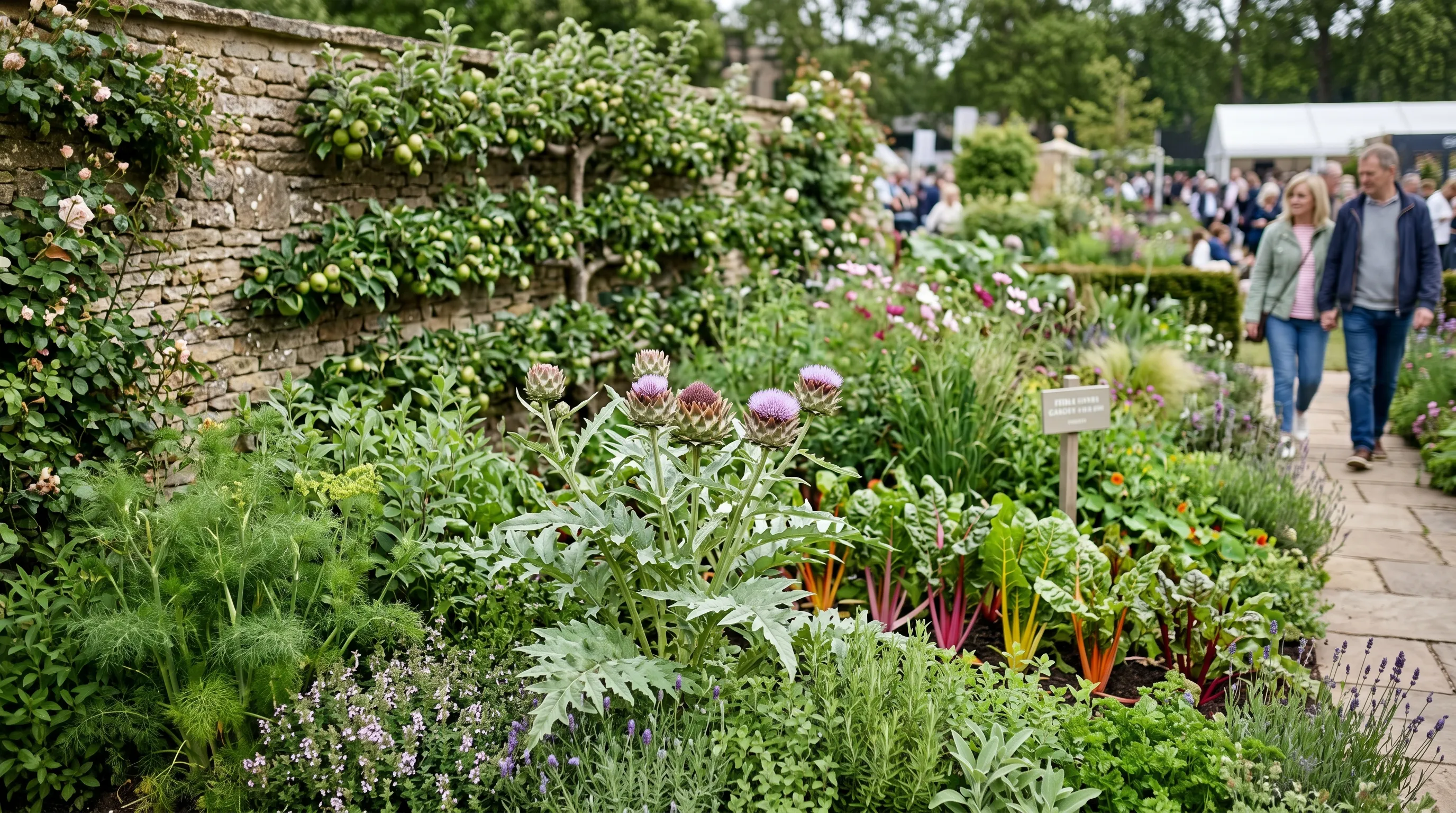 A UK show garden border at Chelsea 2026 showing edible mixed border with globe artichokes, rainbow chard, espaliered apple on a side wall, and herbs integrated through the planting