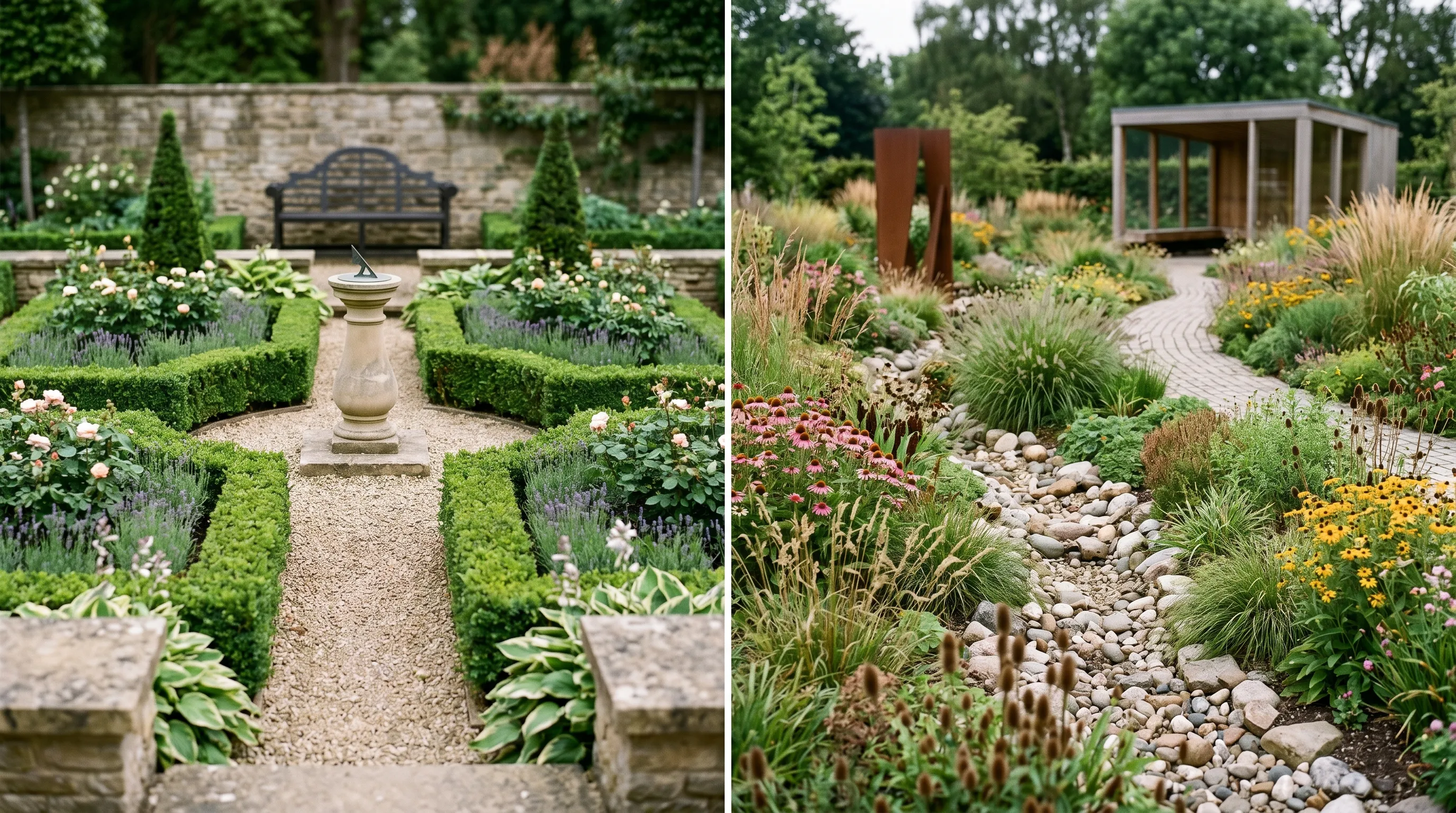 A diagnostic side-by-side image showing the design difference between a traditional formal Chelsea garden from 2010 and the 2026 naturalistic rain garden trend, illustrating the shift toward climate-adaptive design
