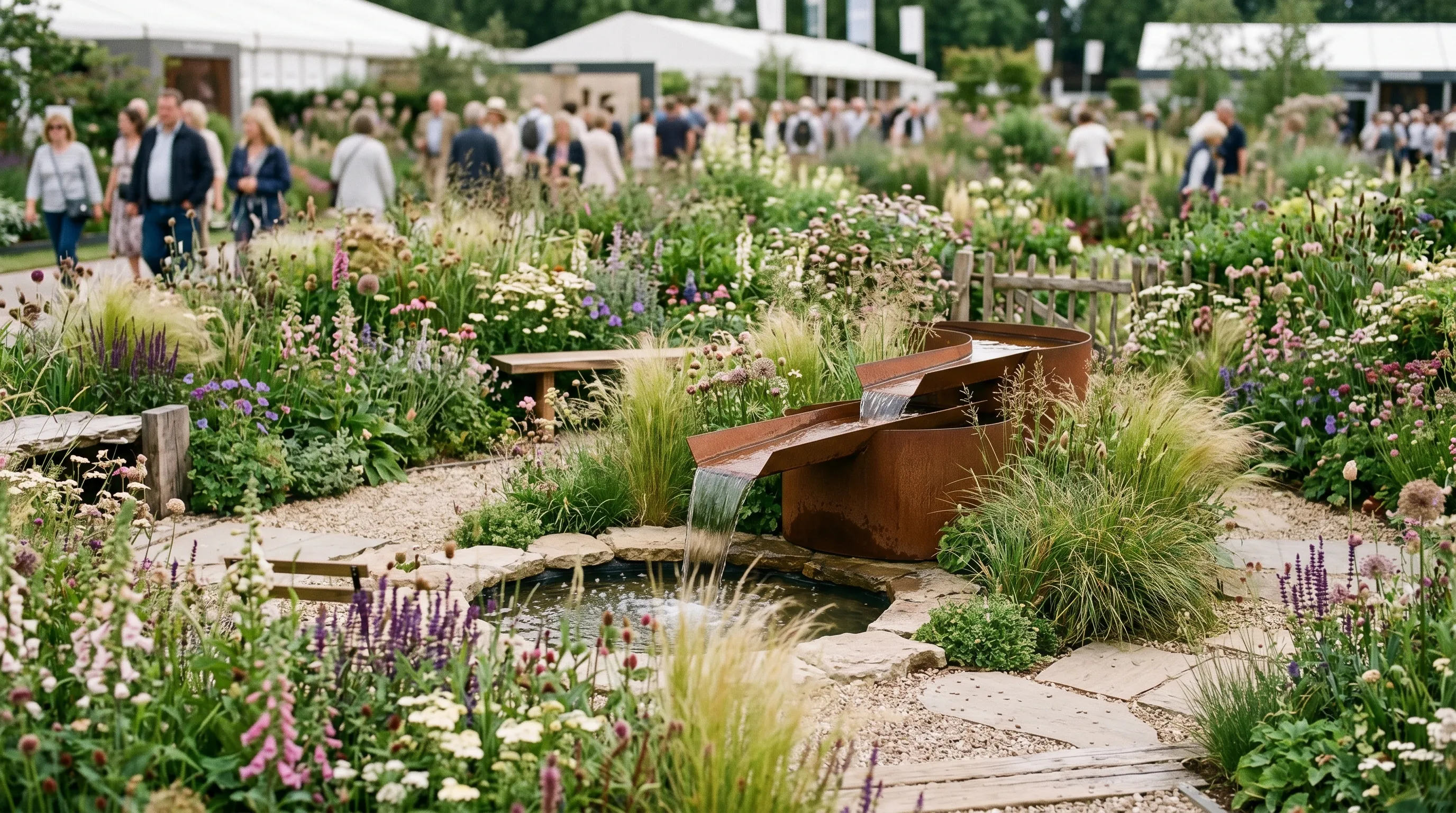 A UK show garden at RHS Chelsea Flower Show 2026 featuring naturalistic planting with grasses, perennials and a rusted steel water feature