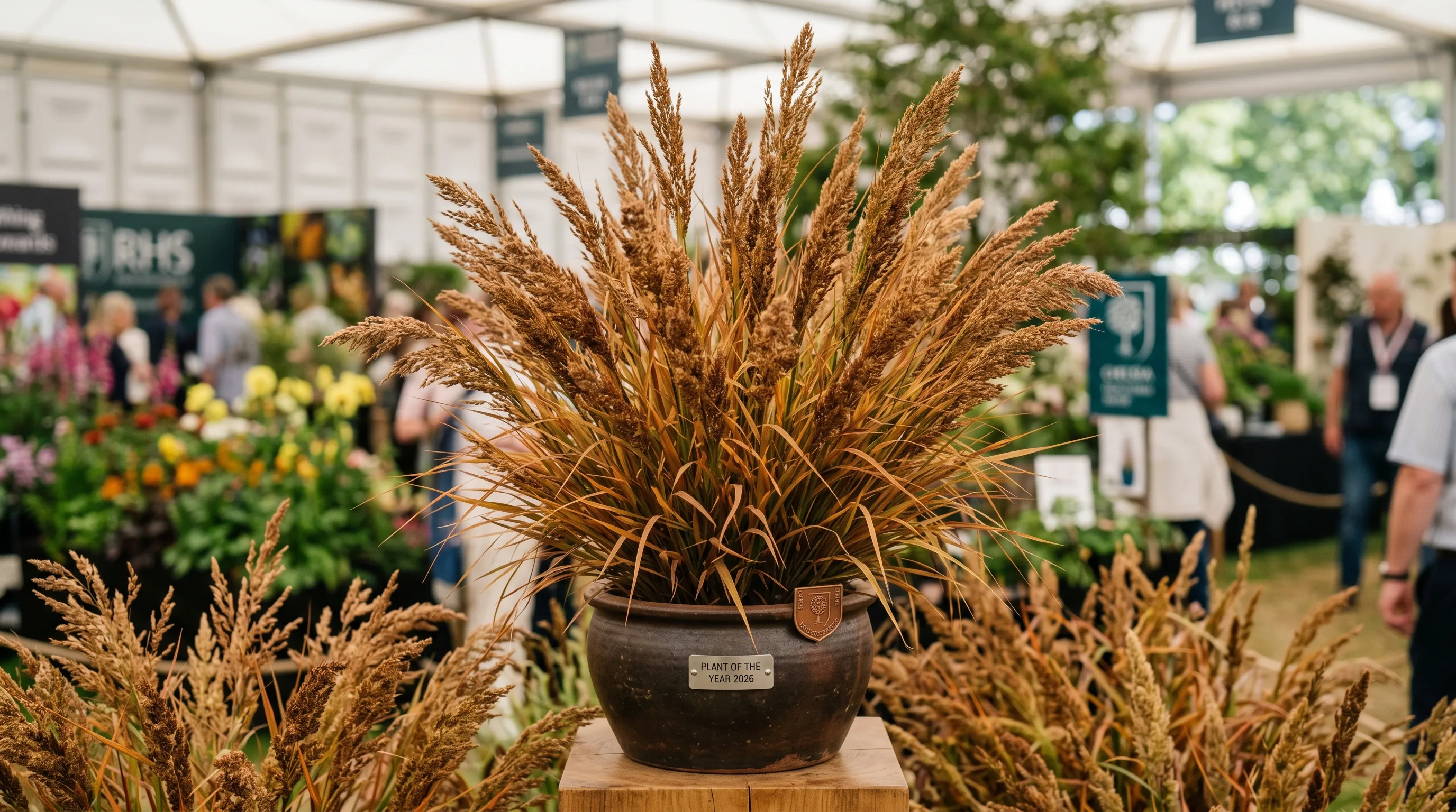 A close-up of the 2026 Chelsea Plant of the Year, a drought-tolerant grass variety with bronze autumn colour, displayed on a presentation stand at the RHS Chelsea Flower Show
