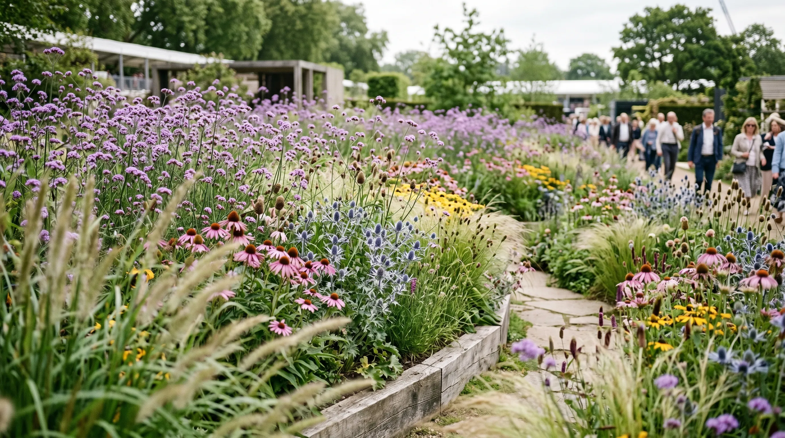 A UK show garden border at RHS Chelsea 2026 showing massed prairie-style perennial planting with Verbena bonariensis, Echinacea, Eryngium and Pennisetum grasses creating a naturalistic drift