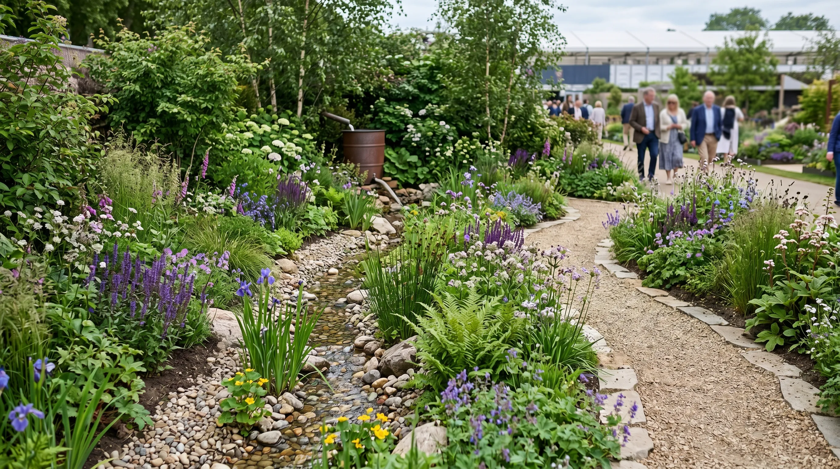 A UK show garden at RHS Chelsea 2026 featuring a visible rain garden swale running through naturalistic perennial planting, with permeable gravel paving and a small cistern at the far end