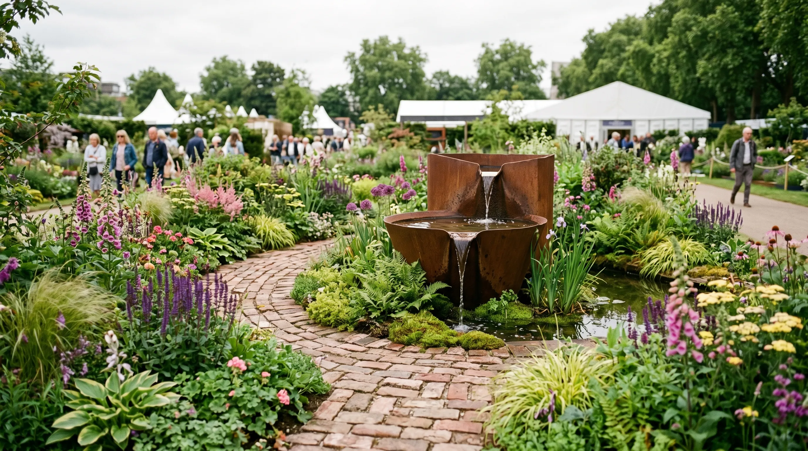 A UK show garden at RHS Chelsea 2026 featuring reclaimed brick paths winding through naturalistic perennial planting with a rusted steel water feature as the central focus