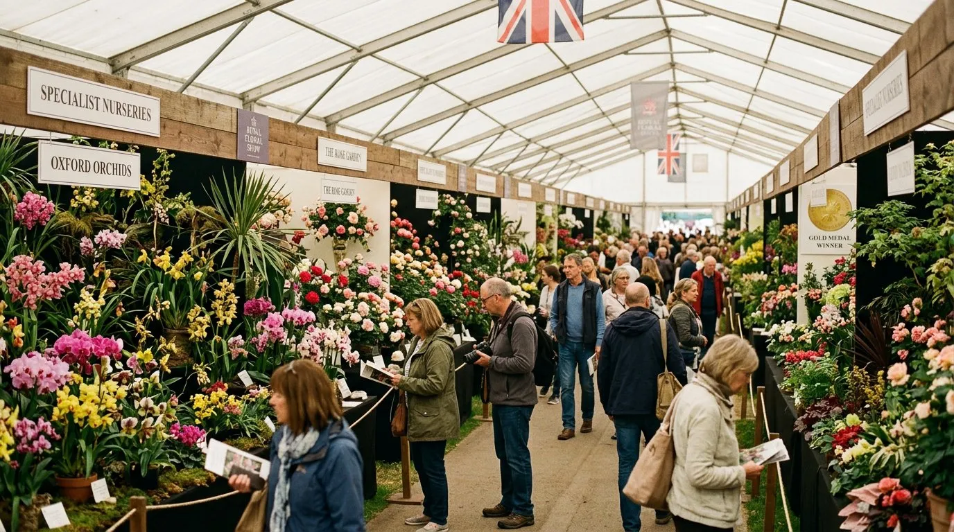 Inside the Great Pavilion at Chelsea with floral displays