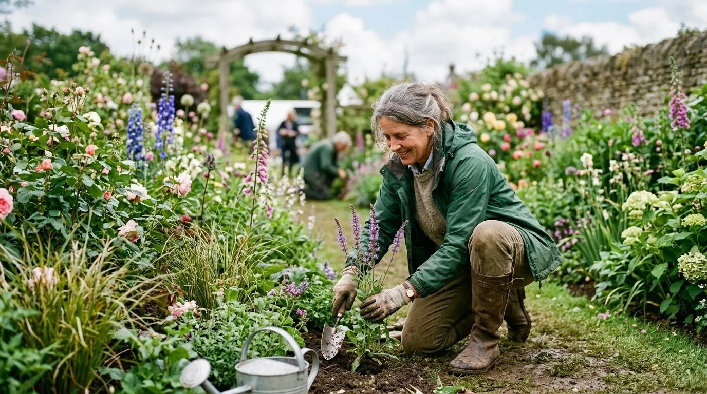 UK gardener working on chelsea flower show guide in a real garden setting