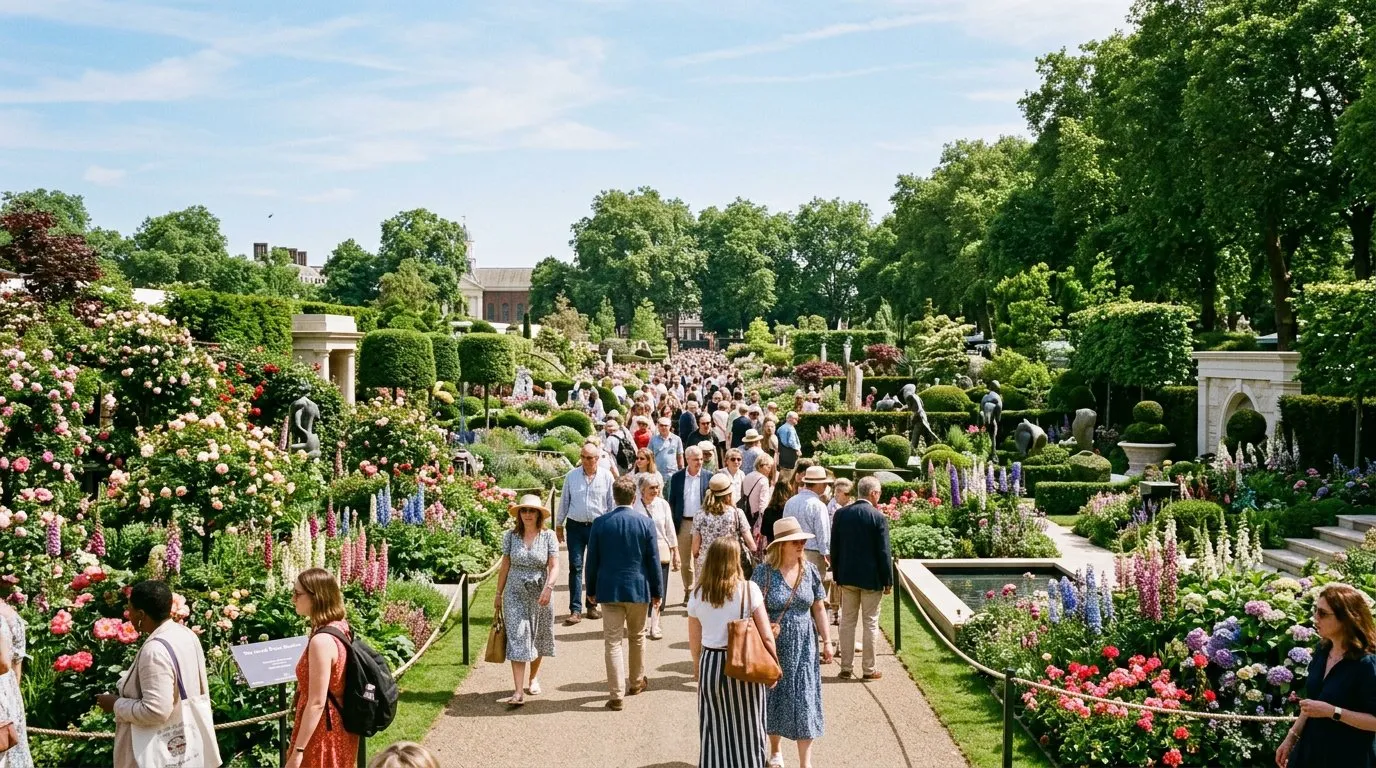 Chelsea Flower Show main avenue with visitors viewing show gardens