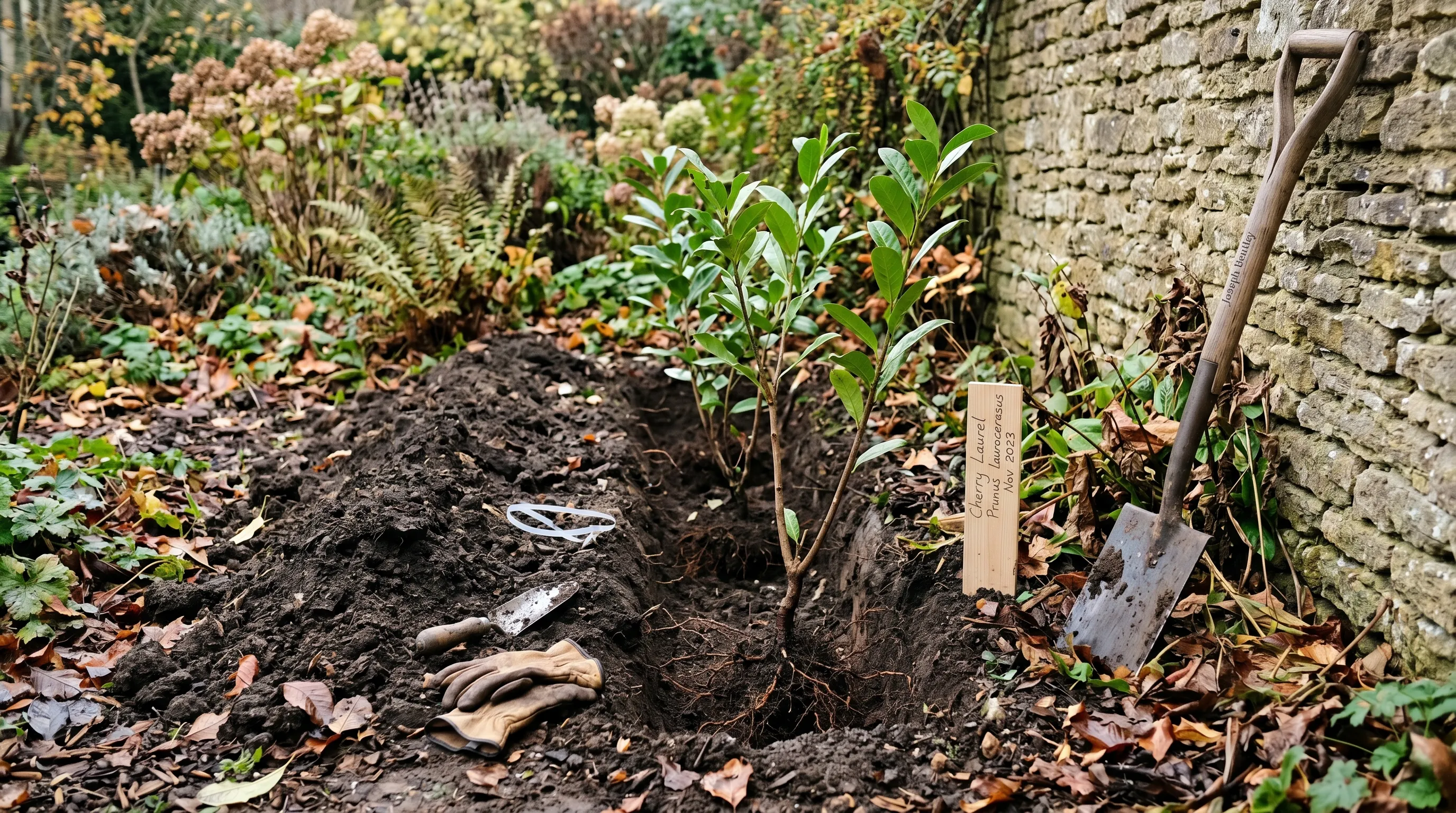 Bare-root cherry laurel saplings being planted along a freshly dug trench in a UK garden in late autumn with a spade and plant label beside the work