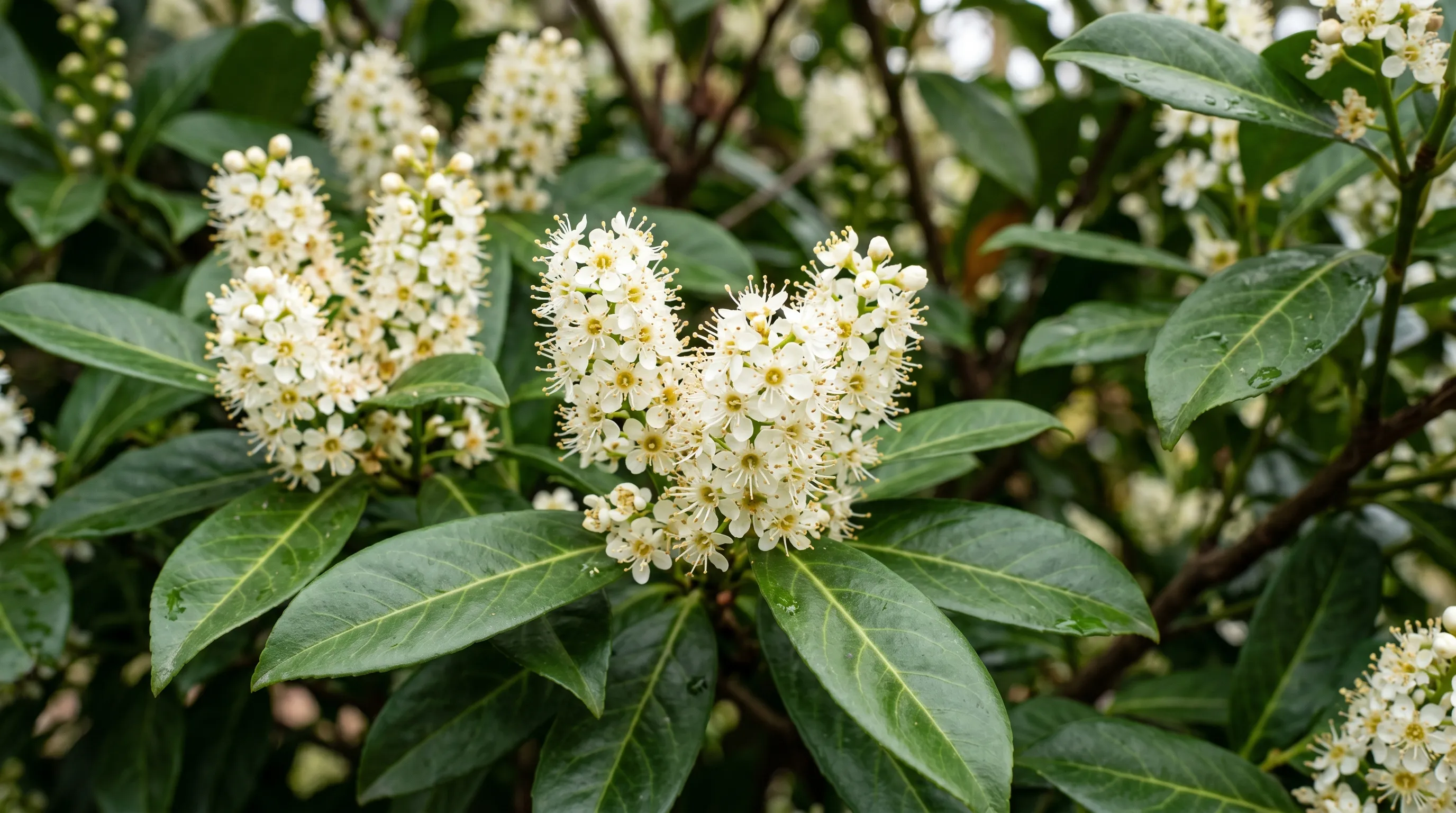 Macro close-up of clusters of small white cherry laurel flowers in spring surrounded by glossy dark green oval leaves of Prunus laurocerasus