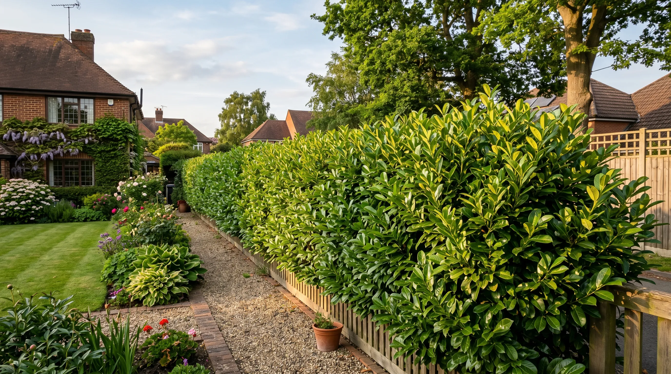 Tall mature cherry laurel hedge with glossy dark green leaves along a UK suburban garden boundary in late afternoon light