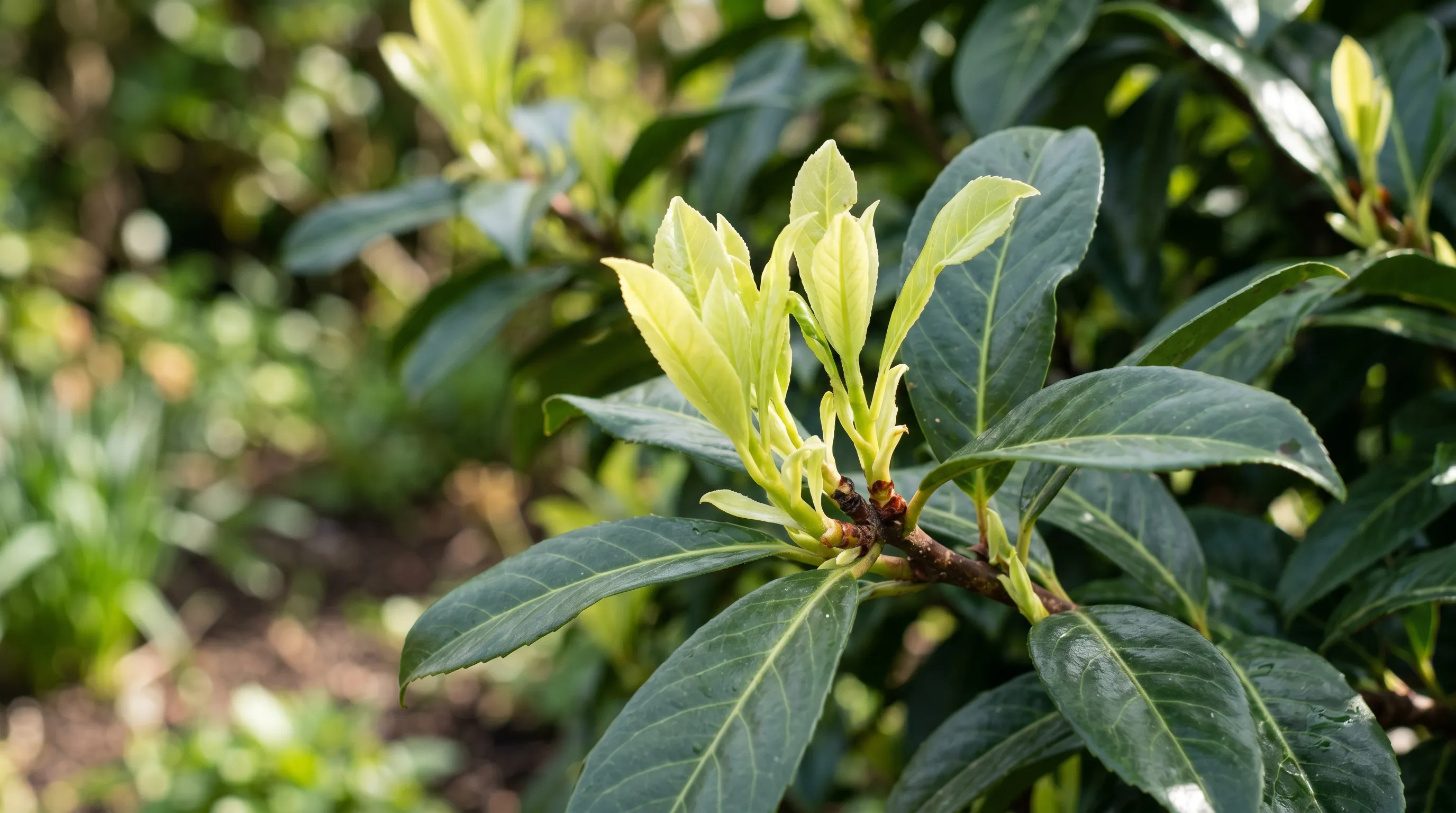 Close-up of fresh young cherry laurel growth showing pale lime-green new shoots emerging from glossy dark mature leaves in spring