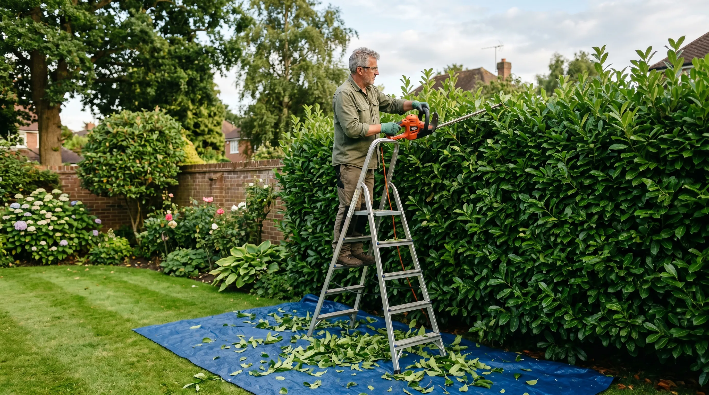 UK gardener trimming a cherry laurel hedge with electric hedge trimmers in summer with a step ladder beside the tall green hedge