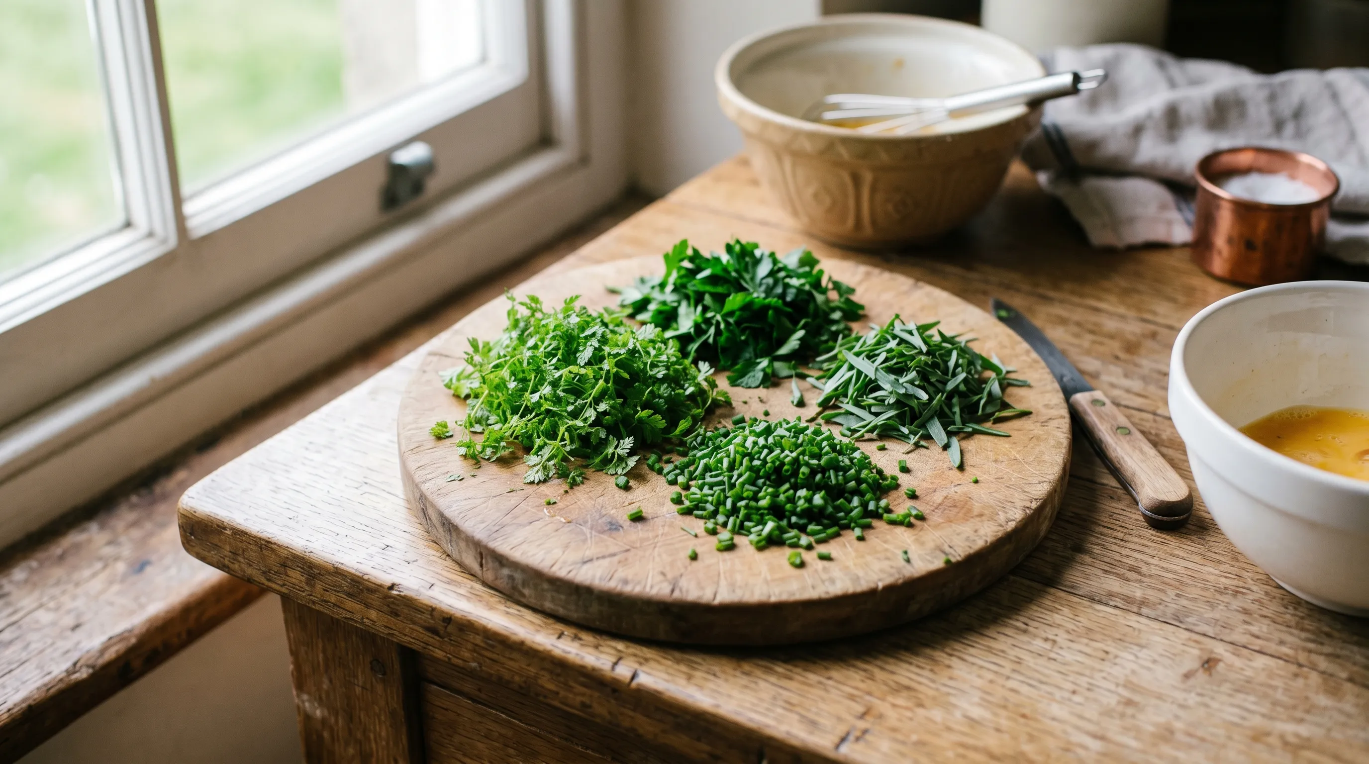 A close-up of a small wooden chopping board with finely chopped chervil parsley tarragon and chives ready to mix into fines herbes for an omelette in a UK kitchen with soft window light