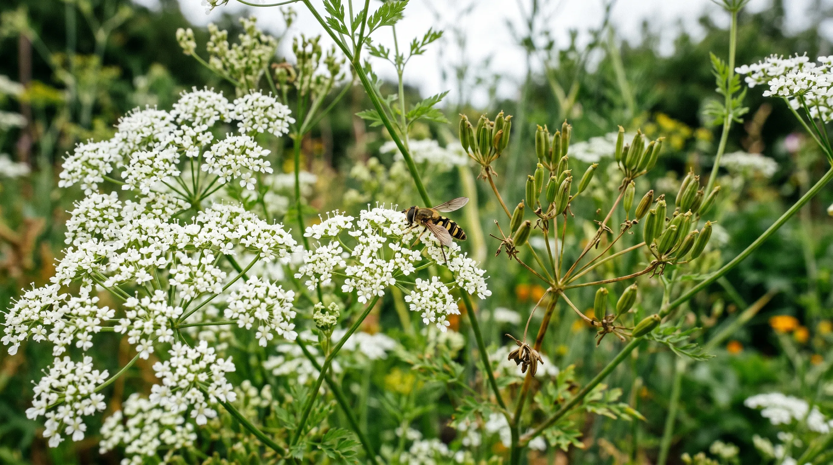 A close-up of chervil flower umbels with small white flowers attracting hoverflies in a UK herb bed in late June with the seed setting visible on adjacent stems