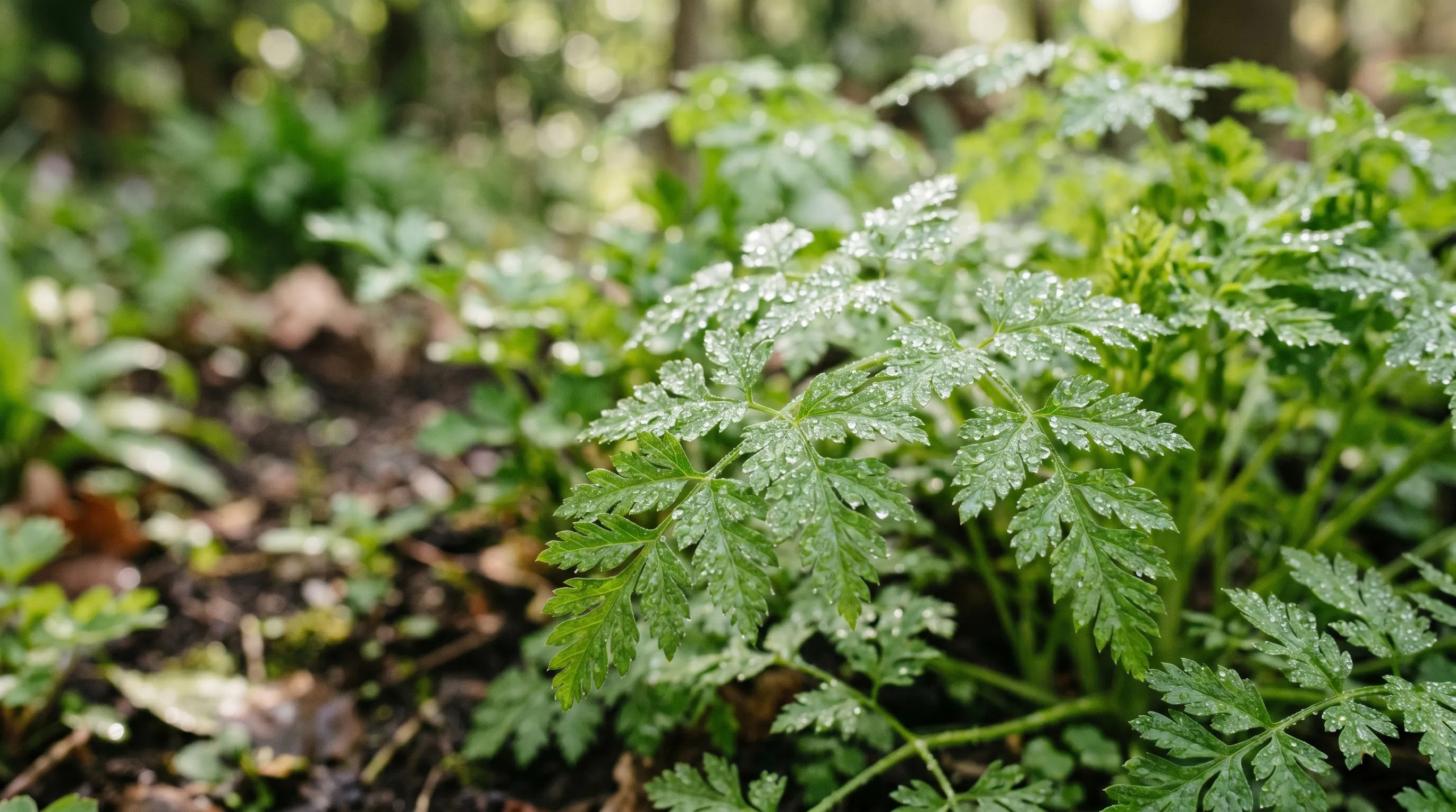 Delicate lacy chervil foliage close-up in a UK shaded herb bed with morning dew on the bright green serrated leaflets in late spring