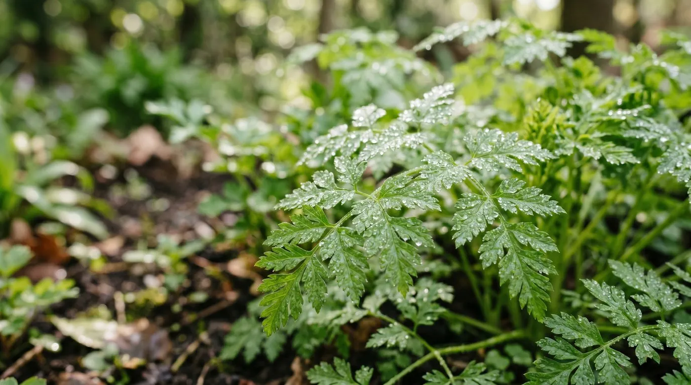 Delicate lacy chervil foliage close-up in a UK shaded herb bed with morning dew on the bright green serrated leaflets in late spring