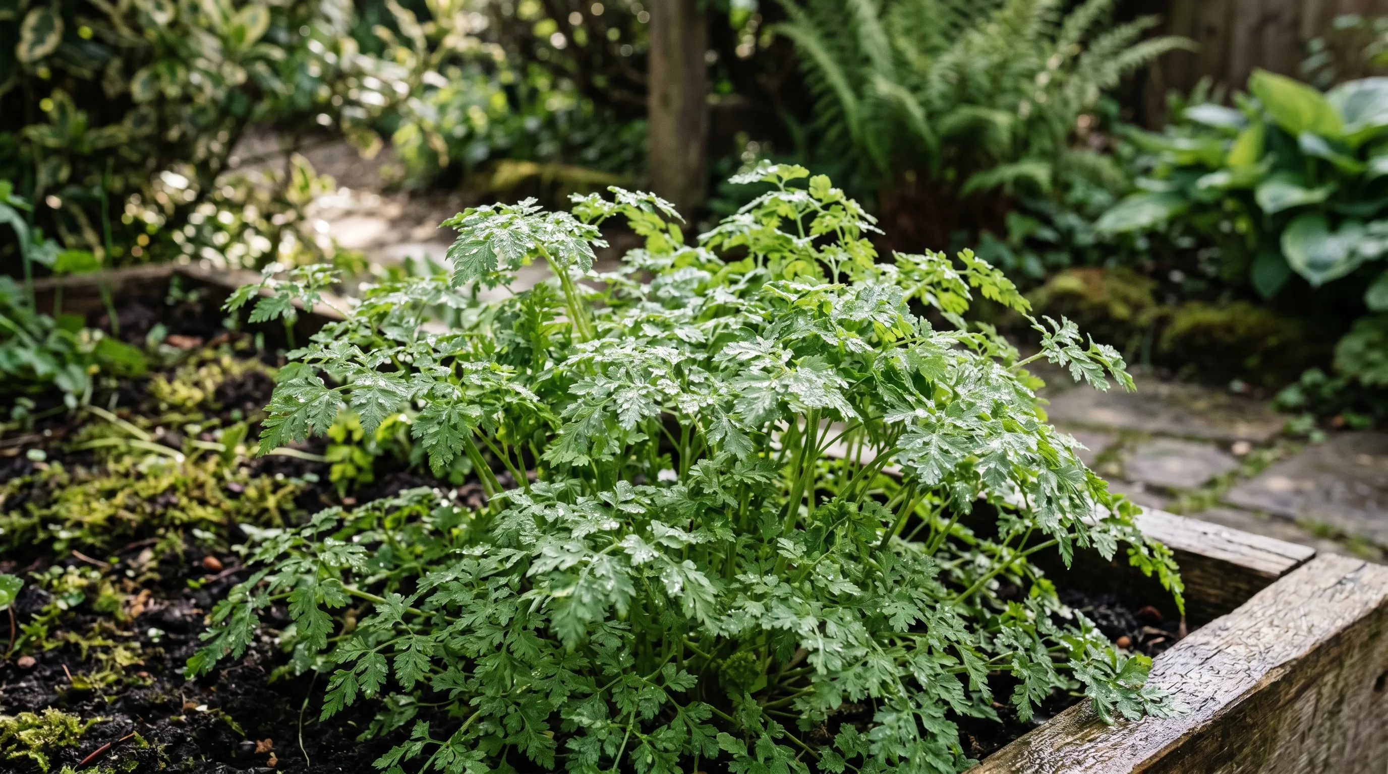 Bright green chervil plants with delicate lacy parsley-like leaves growing in a shaded UK herb bed in spring with morning dew on the foliage