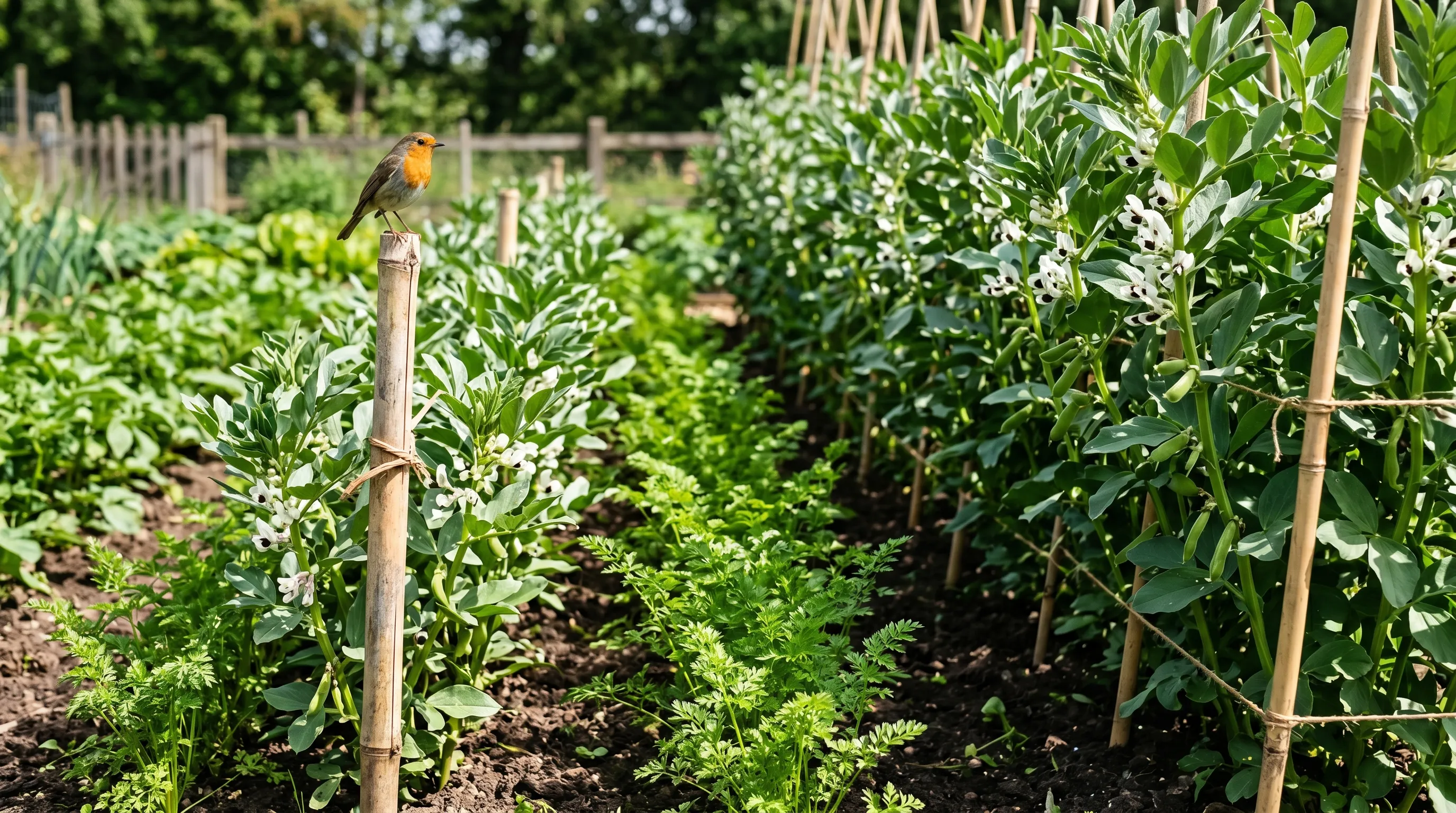 A UK herb bed with chervil growing between rows of broad beans in early summer with the taller broad beans casting useful afternoon shade and a robin perched on a bamboo stake