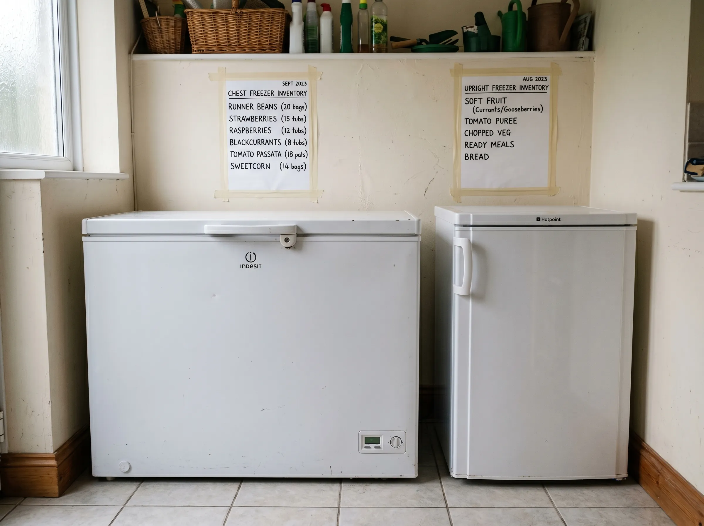 UK utility room corner with both a chest freezer and a smaller upright freezer side by side, labelled lists taped to the wall above each showing inventory of garden produce stored