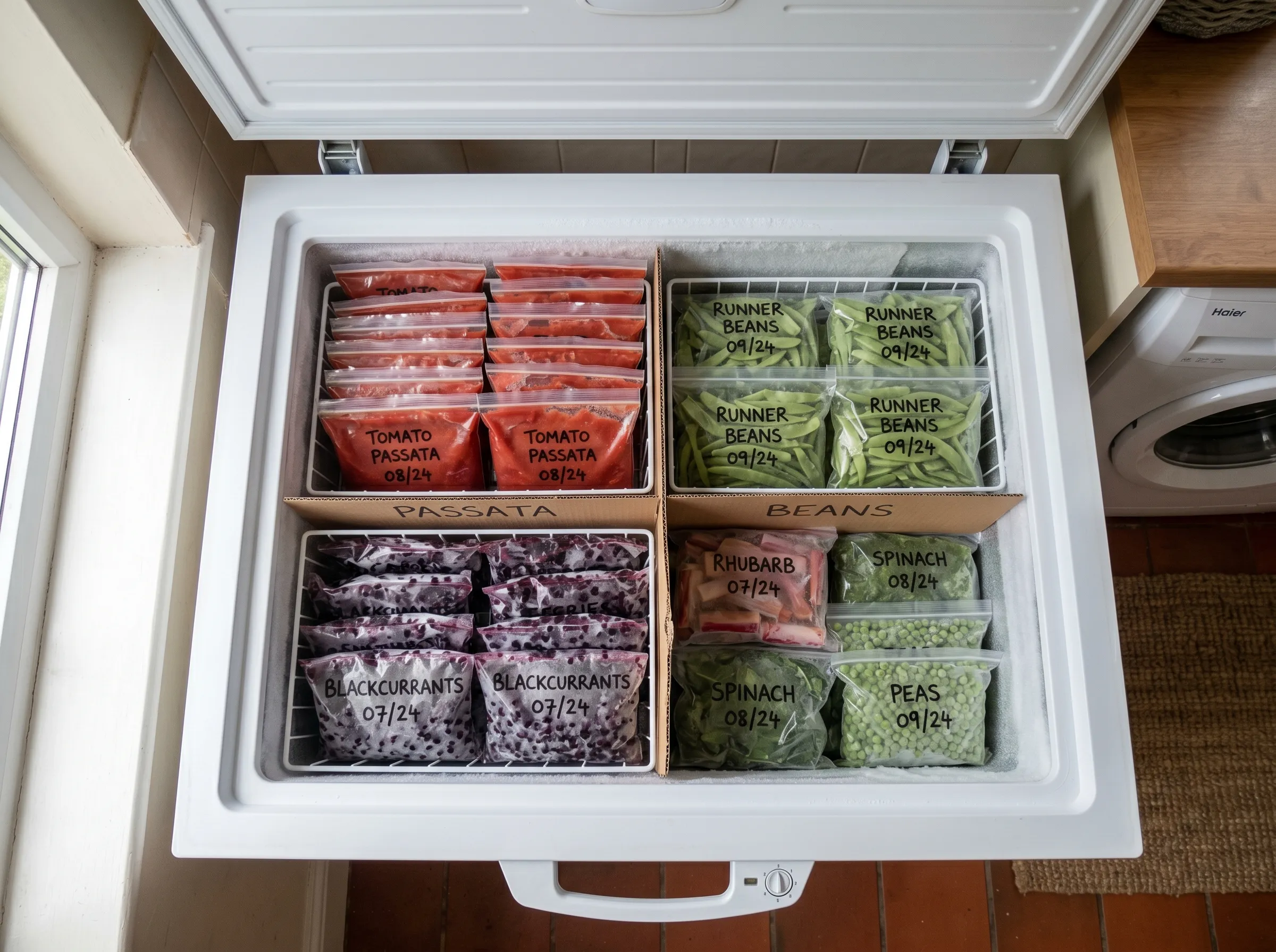UK chest freezer interior viewed from above showing labelled boxes and hanging baskets with clear handwritten labels - tomato passata 08/24, runner beans 09/24, blackcurrants 07/24 - organised in clear zones