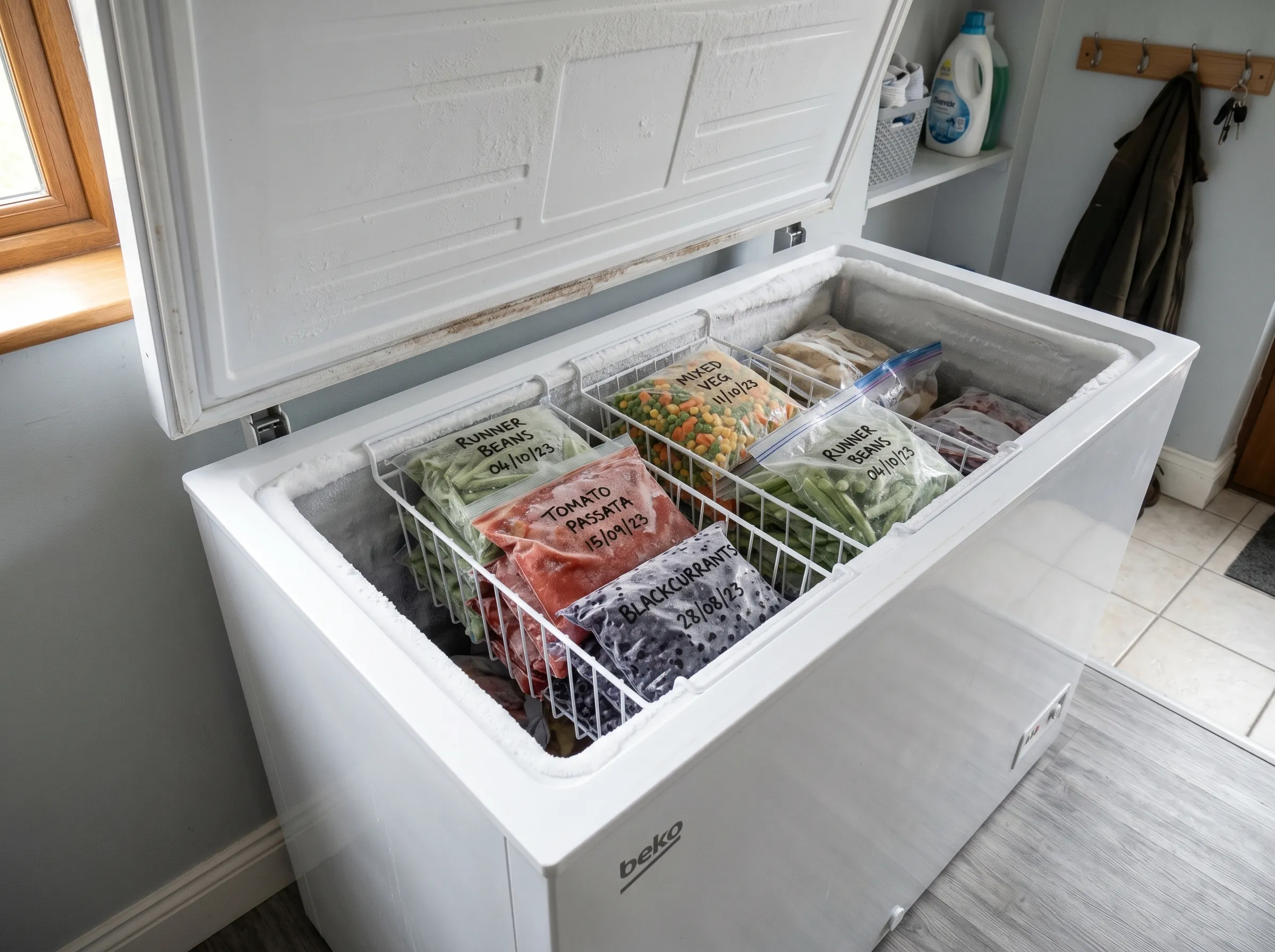 Beko chest freezer photographed in a UK utility room with the lid open showing three hanging wire baskets and labelled freezer bags of frozen runner beans and tomato passata
