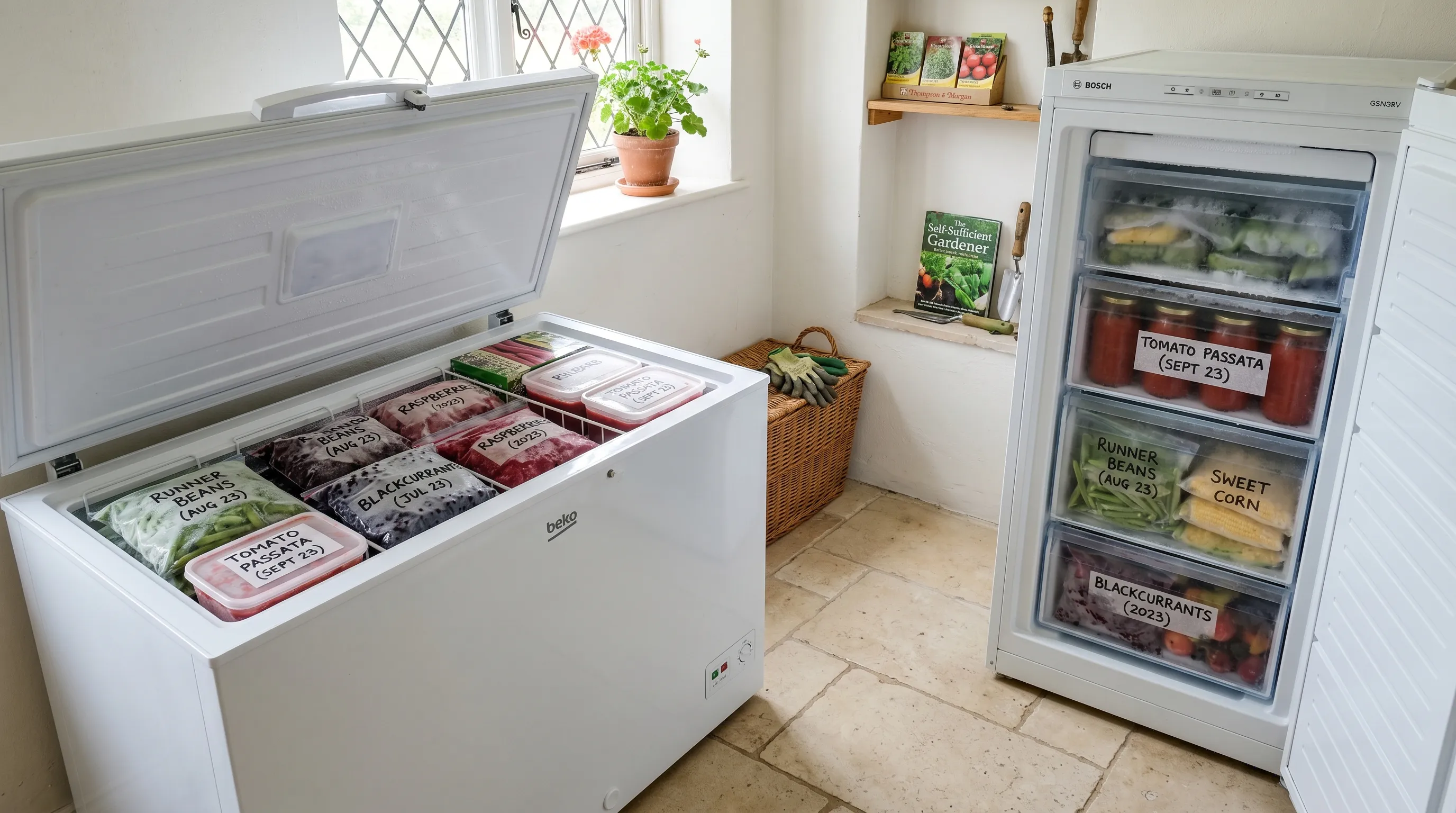 UK utility room with a 240-litre chest freezer next to a 200-litre upright freezer, both lids open showing labelled boxes of garden produce
