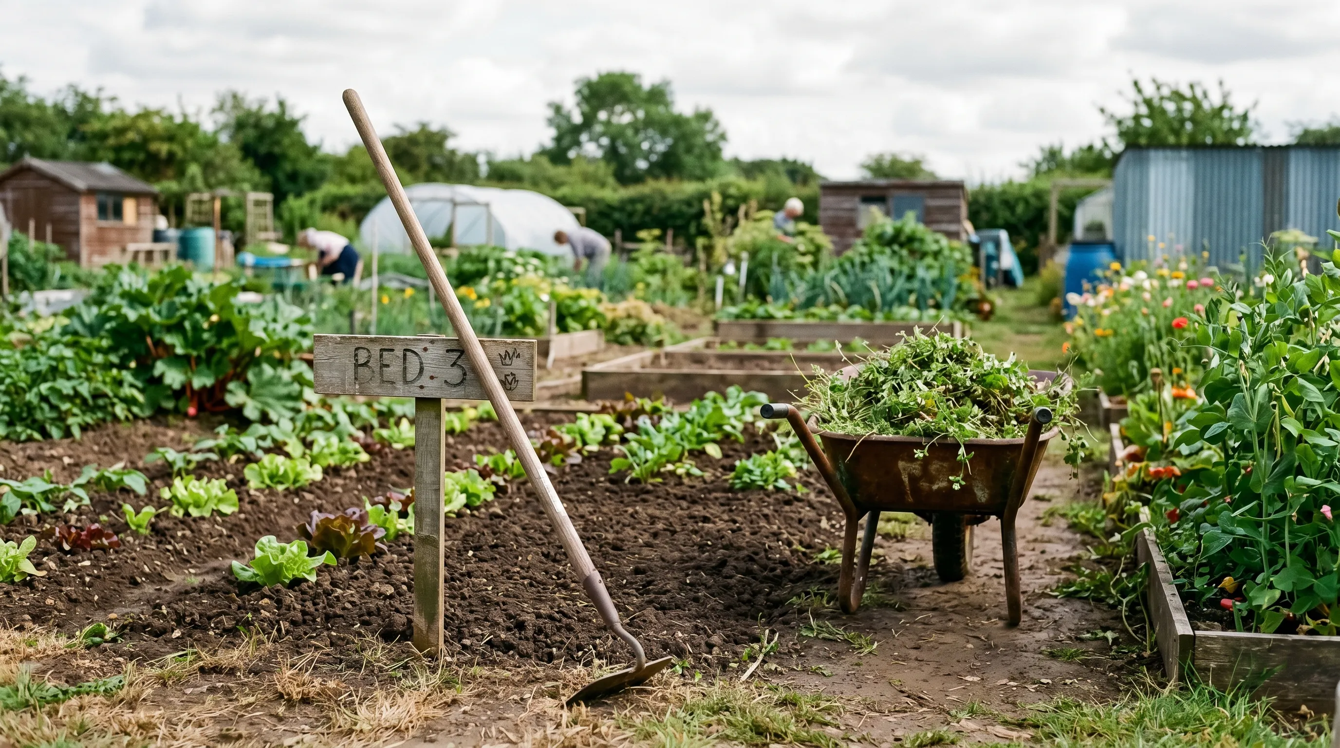 A UK allotment plot showing weekly hoeing routine: a Dutch hoe leaning against a bed marker, the bed clear of chickweed, and a small wheelbarrow of hoed-off plant material ready for composting