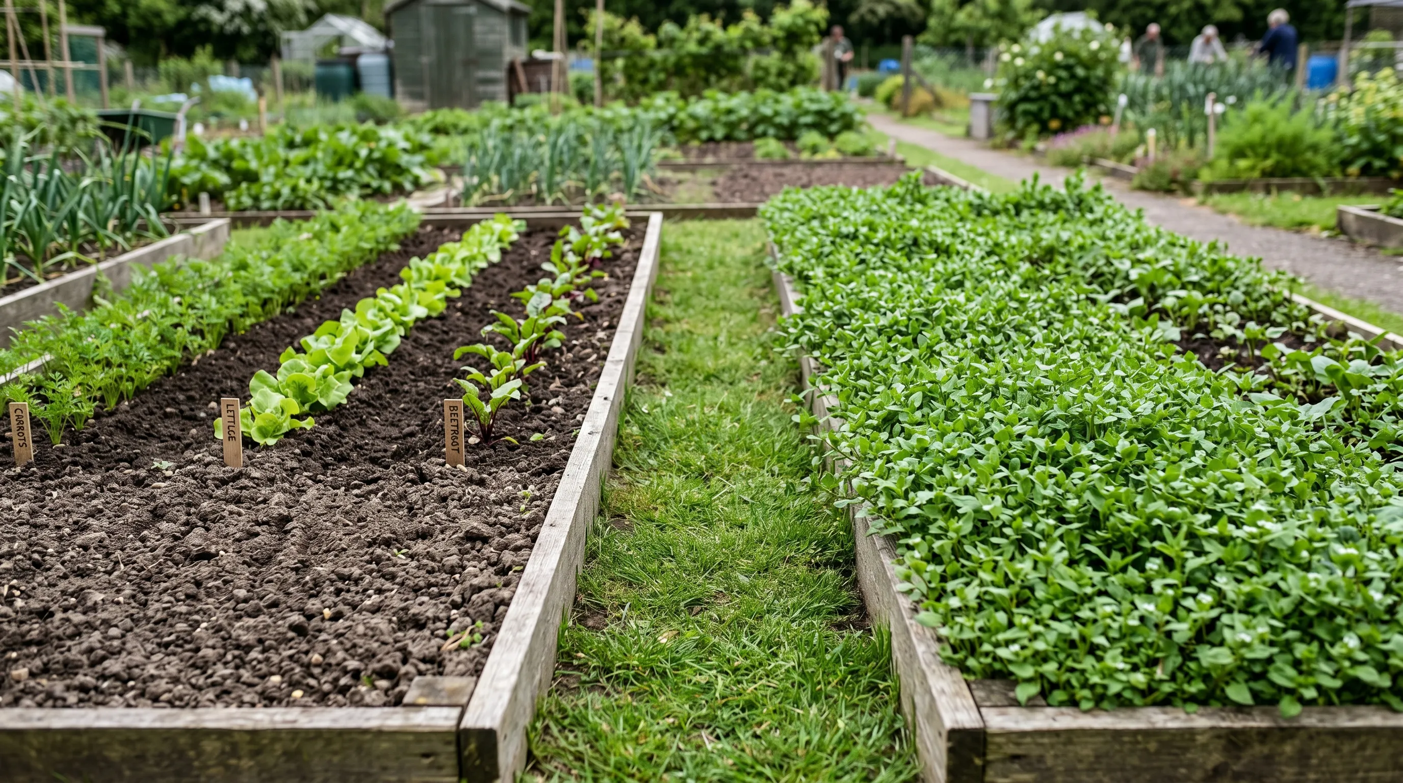 A diagnostic comparison of two parallel UK vegetable beds, the left under weekly hoeing routine with clean soil between rows, the right unmanaged with dense chickweed covering the soil surface