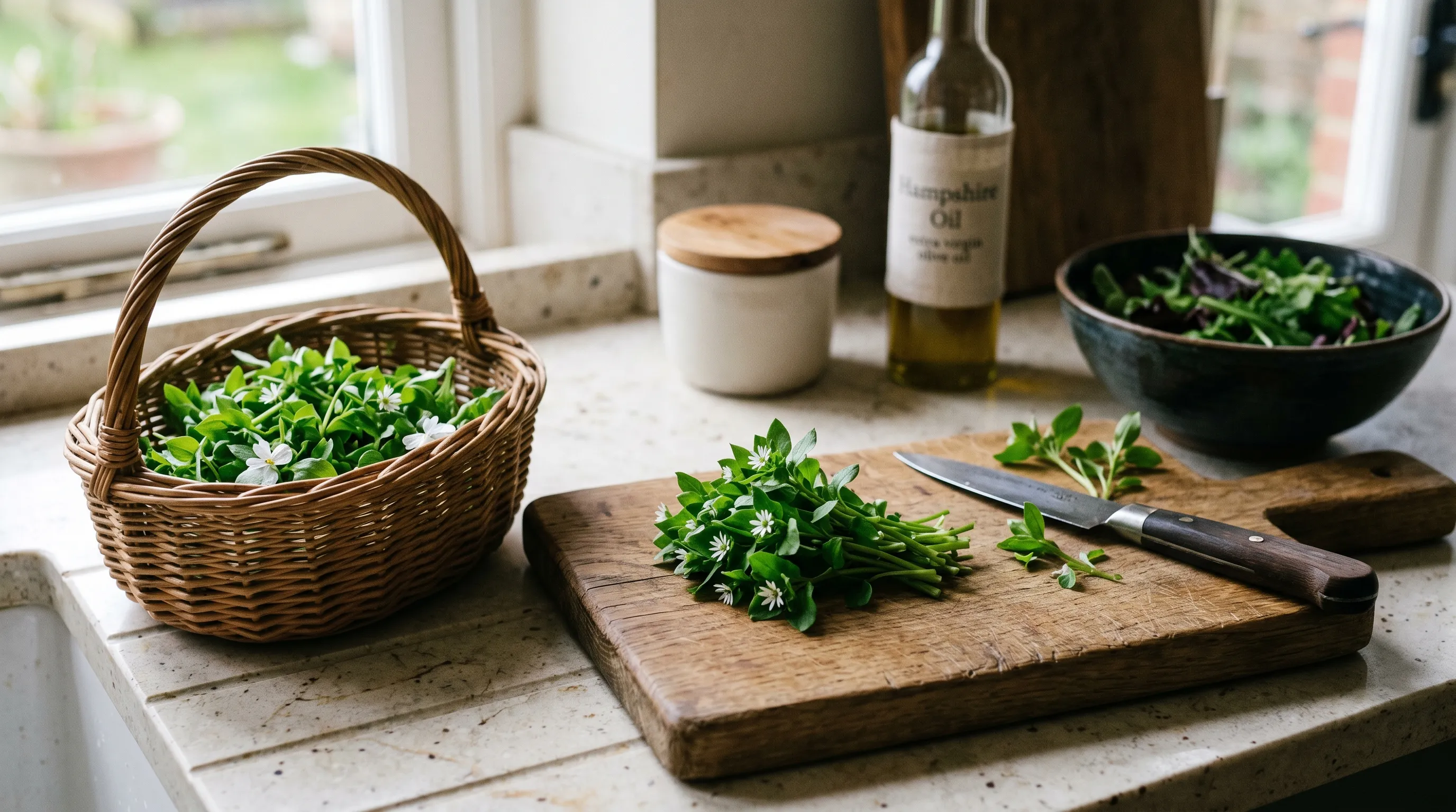 A UK kitchen counter showing a wicker basket of freshly picked chickweed tips beside a wooden chopping board, with the small leaves and white flowers ready for use in a salad