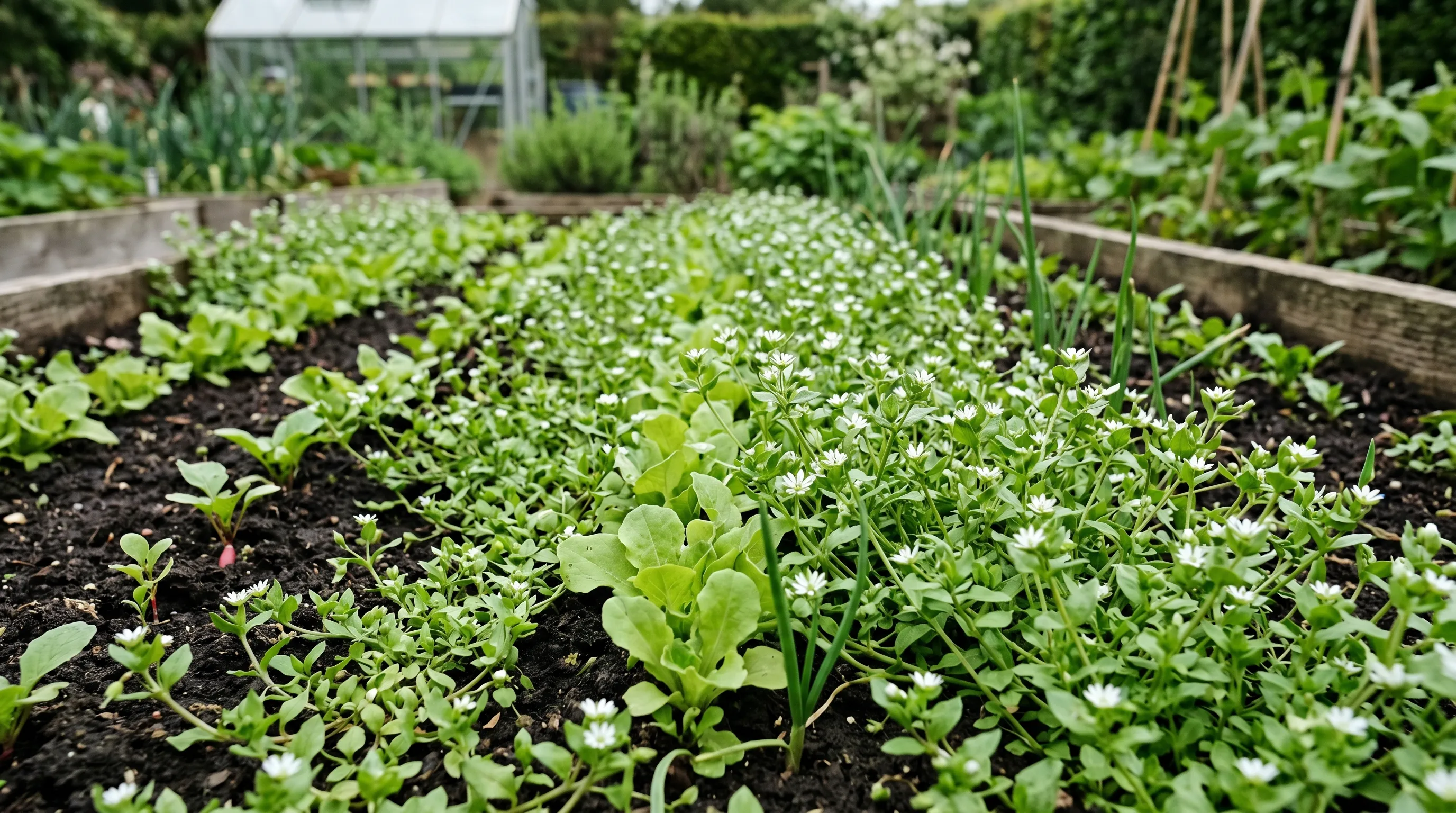 A UK vegetable bed with chickweed (Stellaria media) growing densely between rows of seedlings, with the small white star-shaped flowers and oval leaves visible