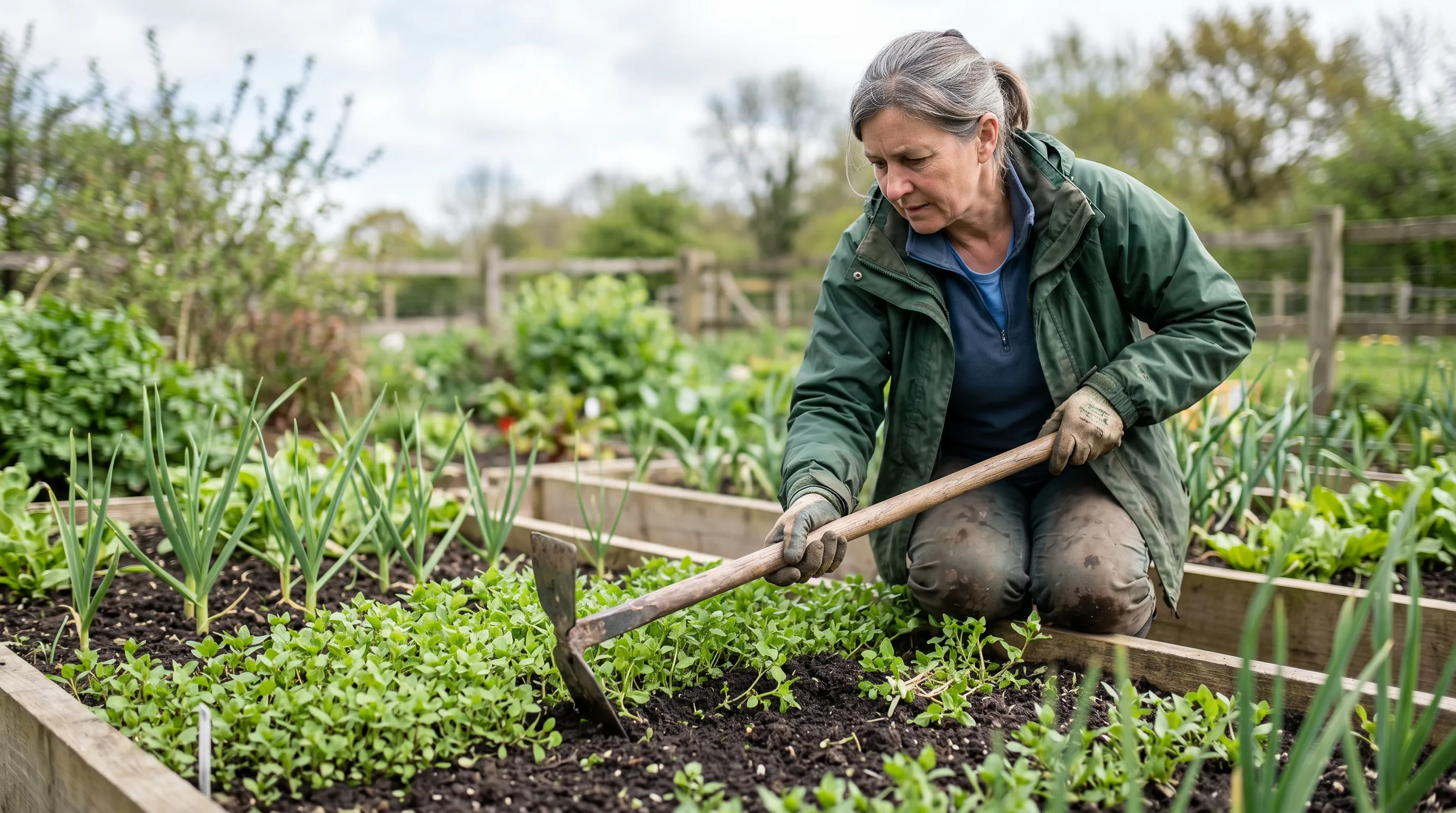 A UK gardener hoeing chickweed in a vegetable bed in late April, the Dutch hoe slicing through young chickweed plants at the 2-4 leaf stage at the soil surface