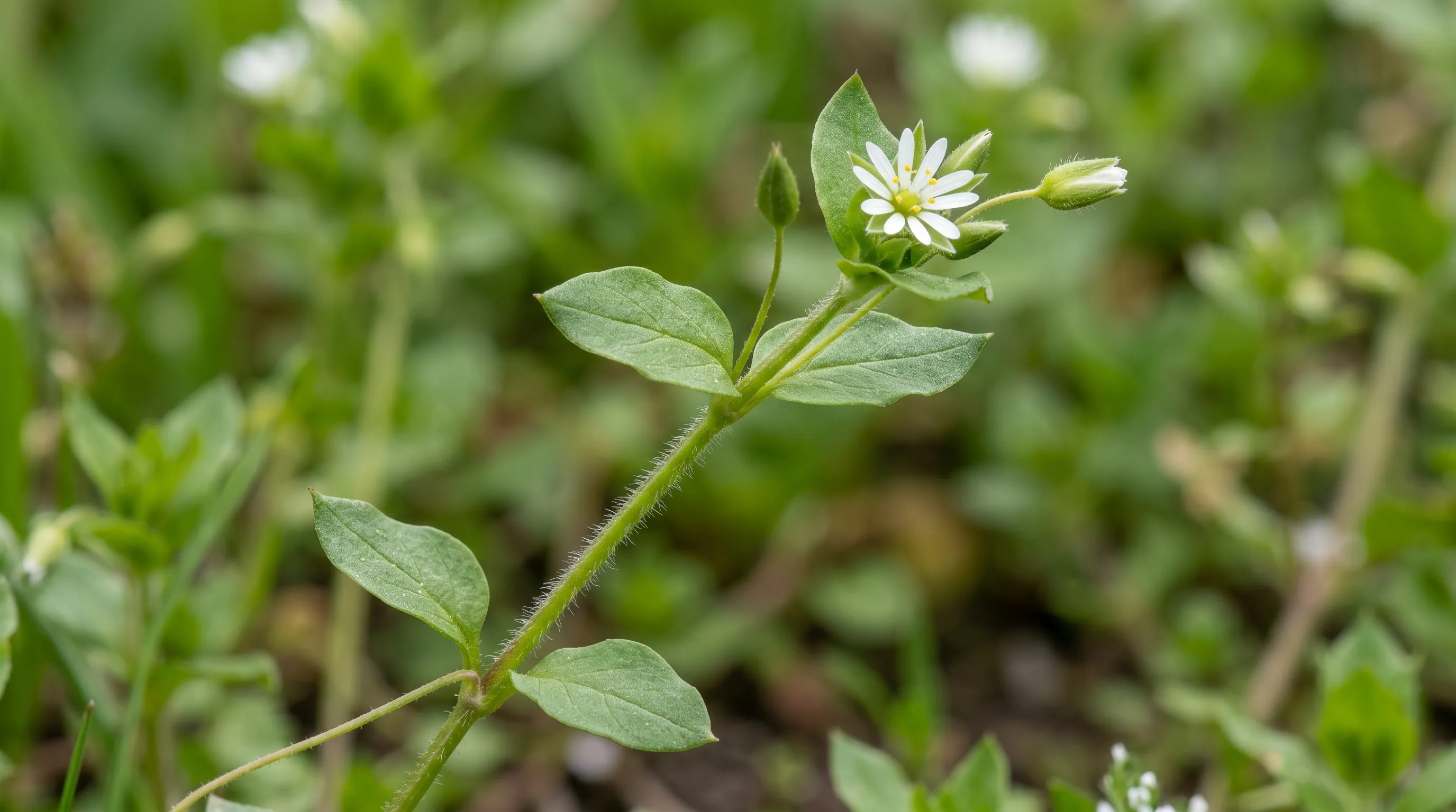 A diagnostic close-up of chickweed (Stellaria media) showing the small oval opposite leaves, the star-shaped white flower with notched petals, and the visible single line of hairs running down one side of the stem