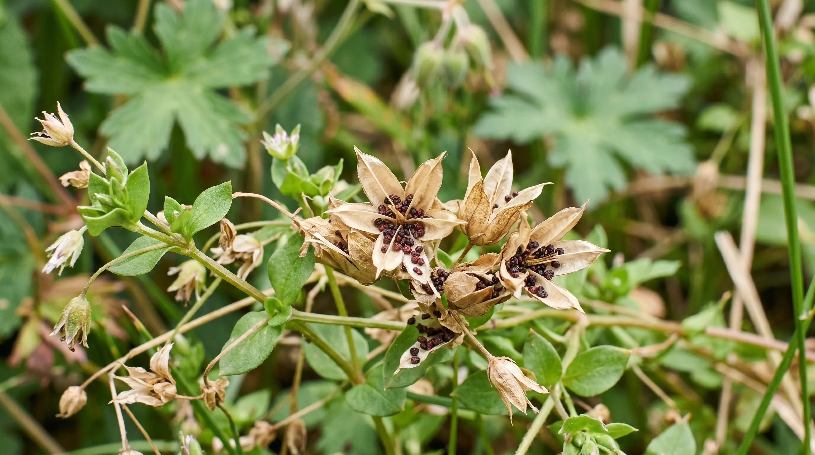 A close-up of chickweed seed pods just opening in late May in a UK garden, showing the small dry capsules splitting and tiny black seeds beginning to disperse