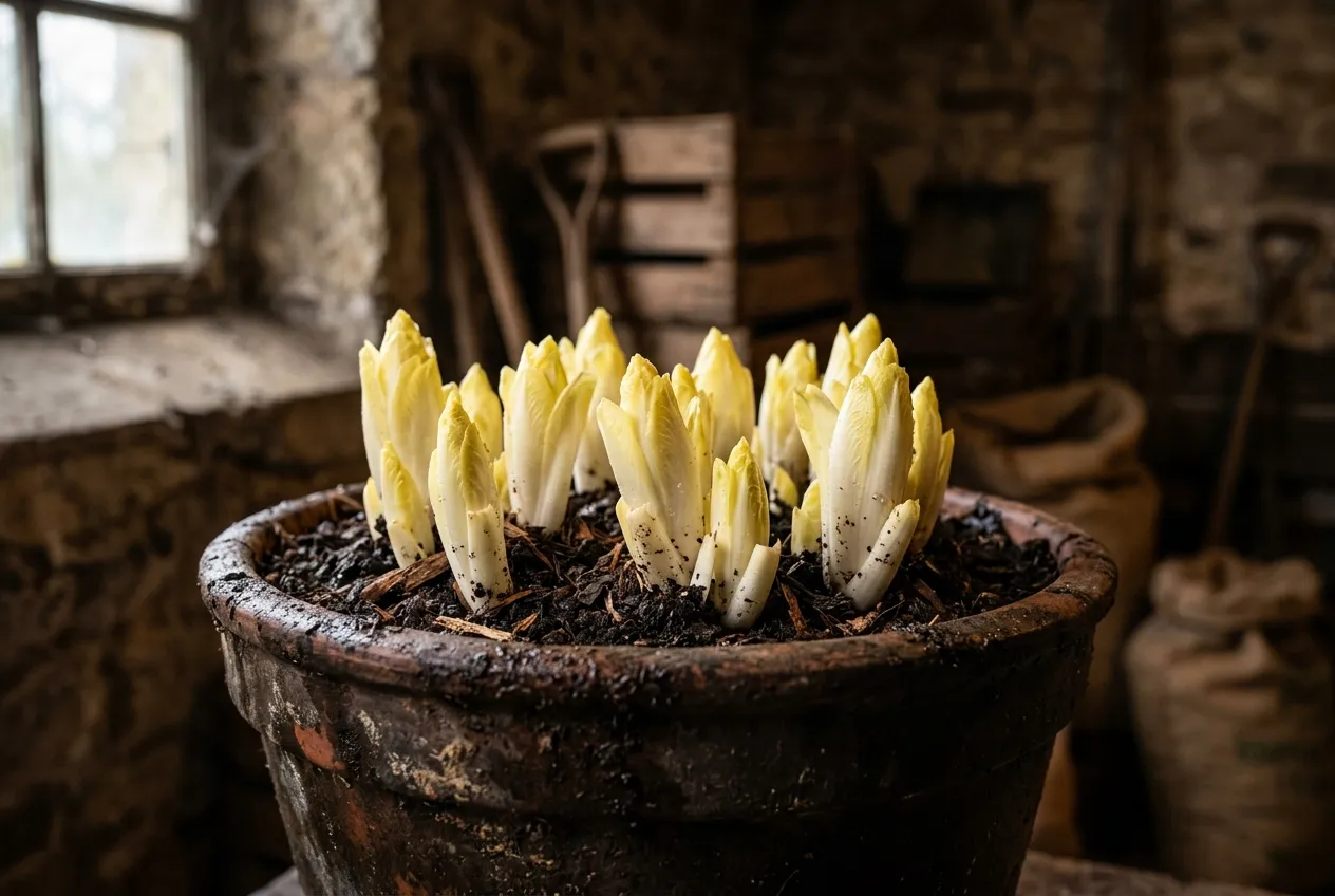 Forced chicory chicons emerging from a dark terracotta forcing pot in a cellar