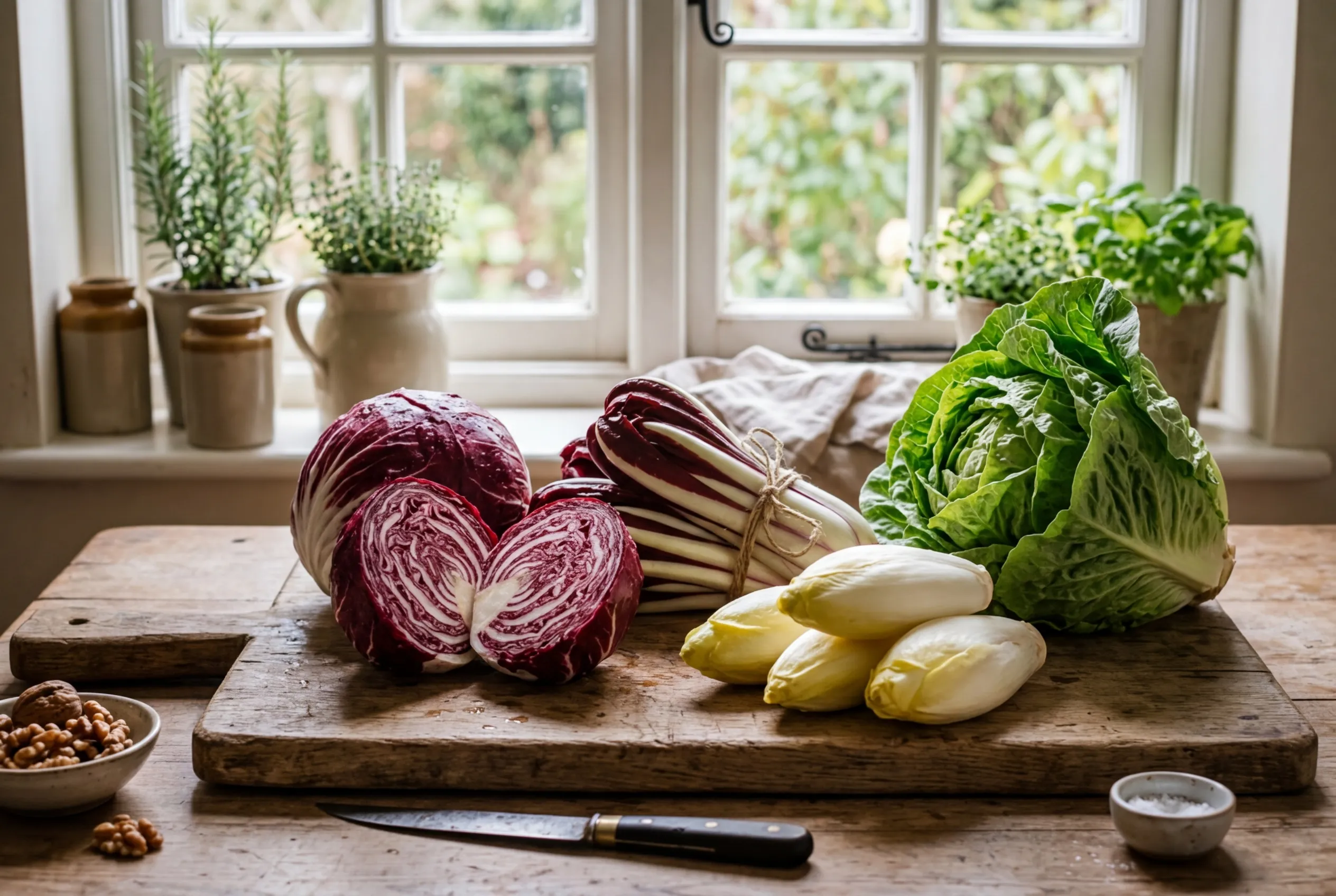 Different chicory and radicchio varieties on a wooden chopping board showing the range of colours and shapes