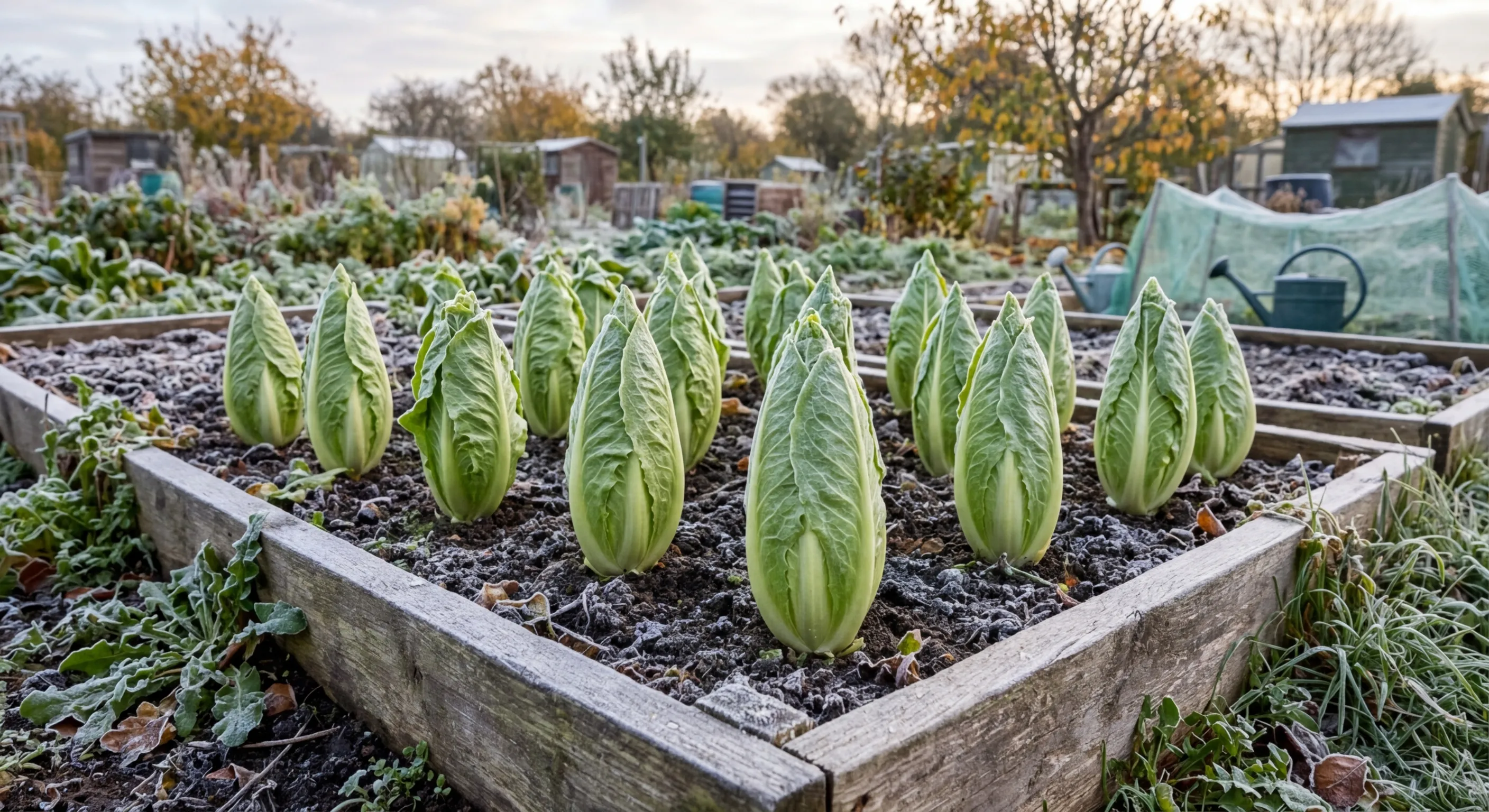 Sugarloaf chicory growing in a UK allotment raised bed on a frosty autumn morning