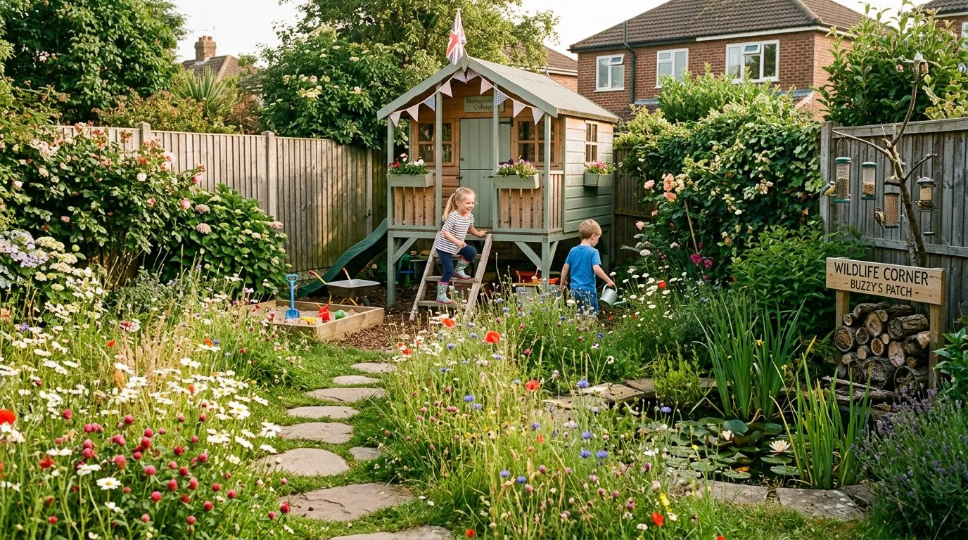 Children's garden play area with wooden playhouse and stepping stone path through wildflowers