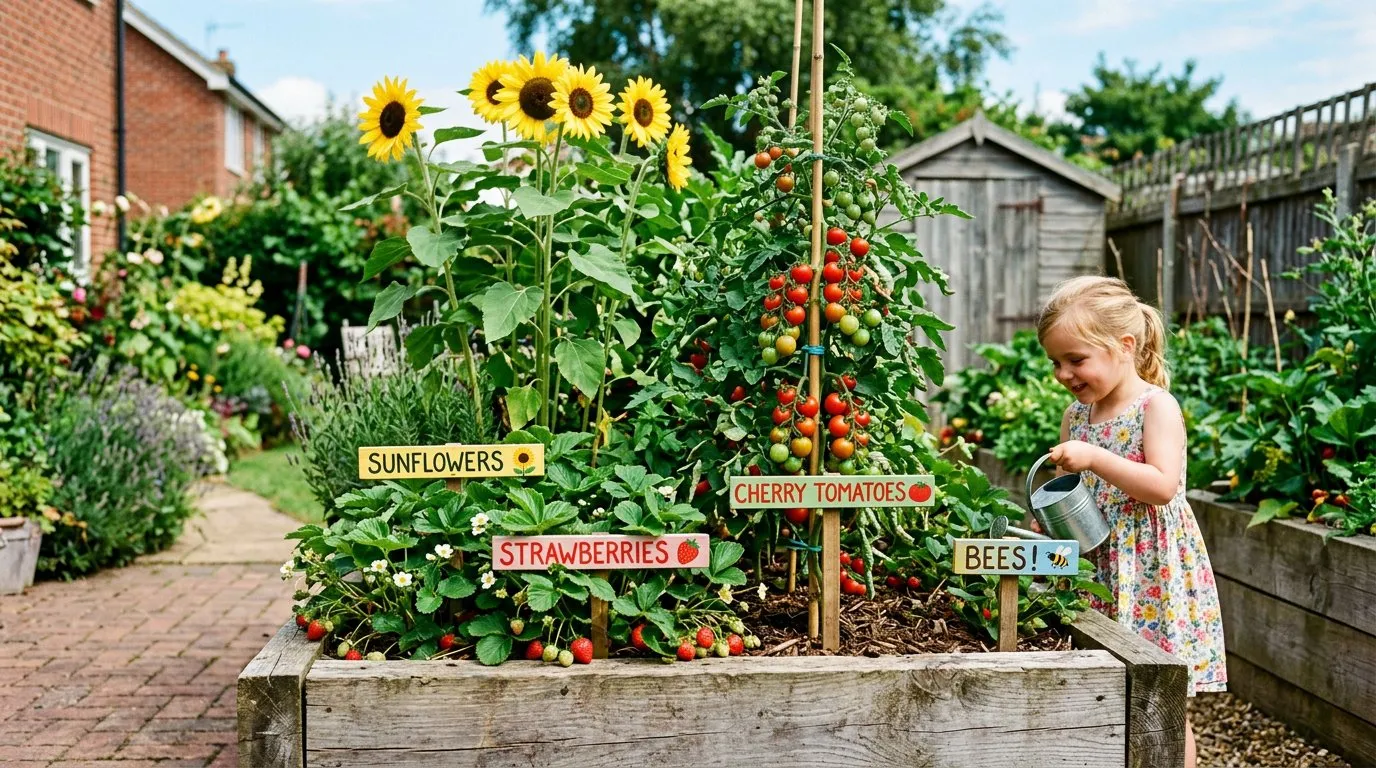 Children's garden raised bed with sunflowers, strawberries, and cherry tomatoes at child height