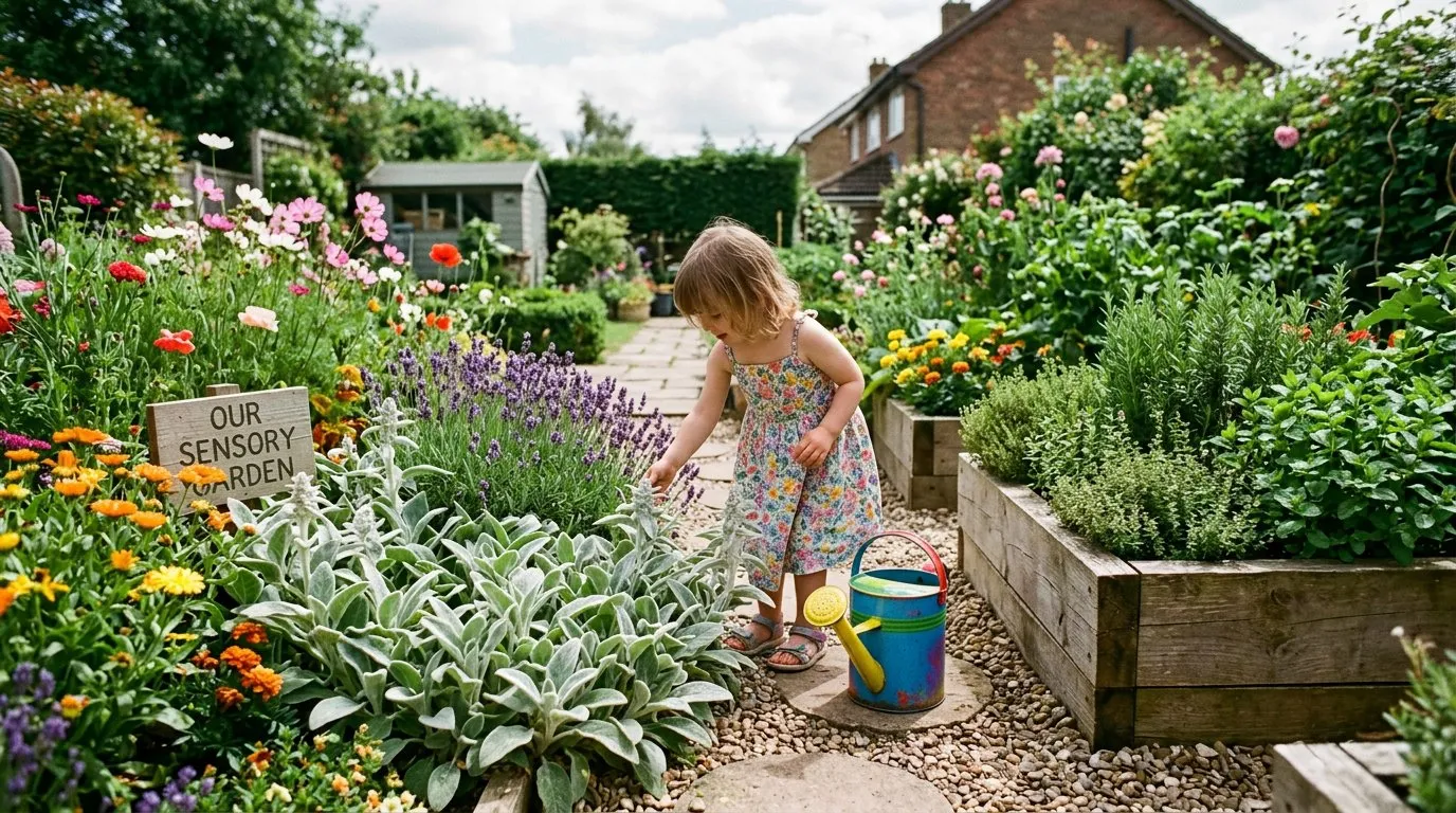 Children's garden sensory planting area with colourful flowers and fuzzy lamb's ear in a UK family garden