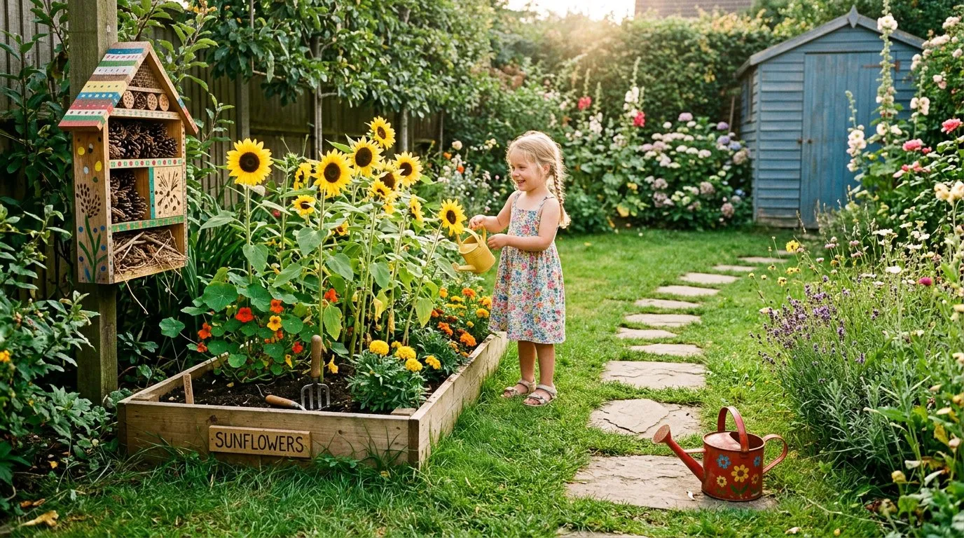 Children garden area with raised bed of sunflowers and a painted wooden bug hotel