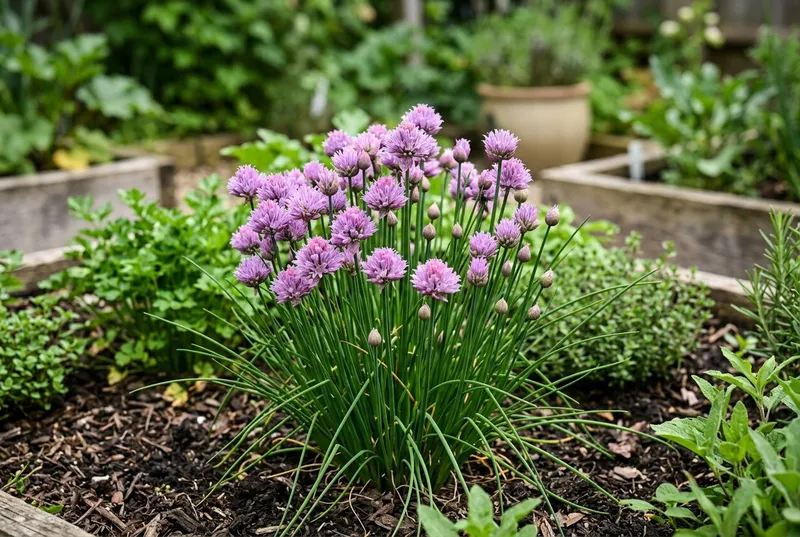 Chives (Allium schoenoprasum) growing in a UK garden