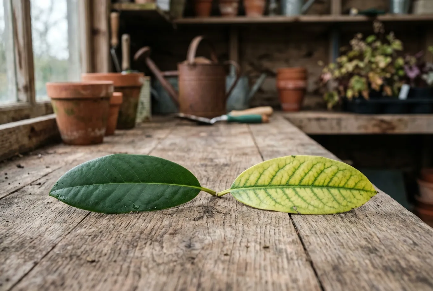 Side-by-side comparison of a healthy deep-green leaf and a chlorotic yellow leaf with green veins on a wooden bench