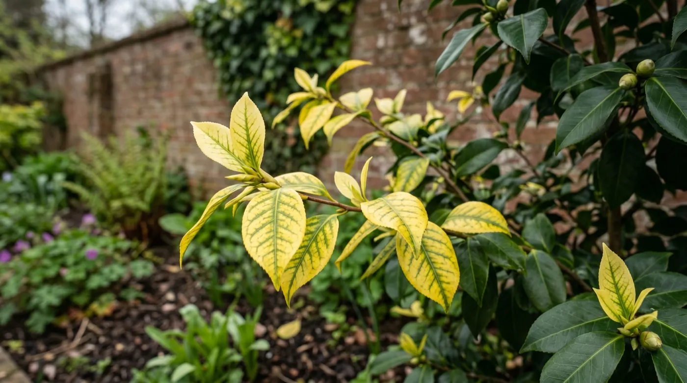 Yellowing camellia leaves showing interveinal chlorosis with green veins in a UK garden border