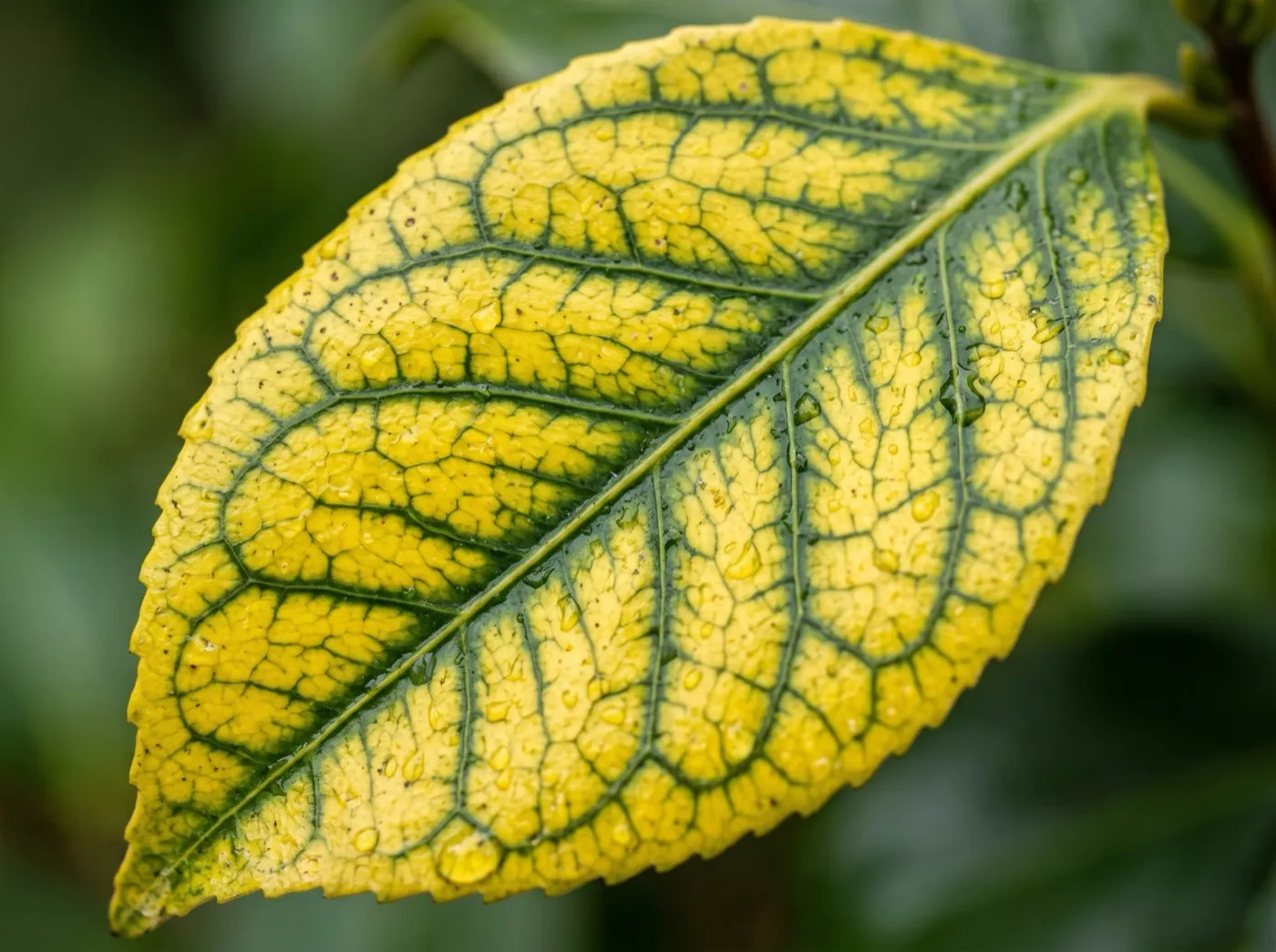Close-up of a camellia leaf with bright yellow tissue between dark green veins, classic interveinal chlorosis