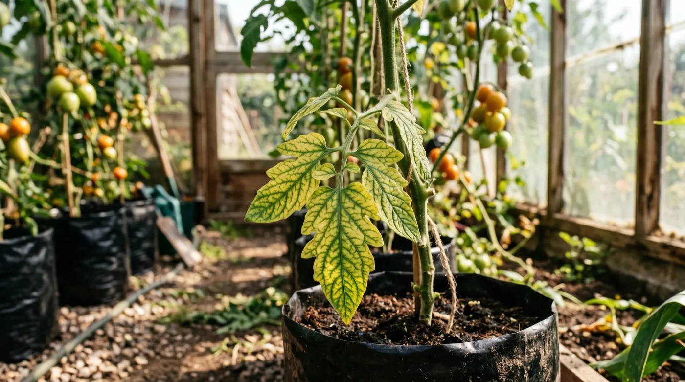 Tomato plant lower leaf showing yellowing between veins, magnesium deficiency, in a greenhouse grow bag