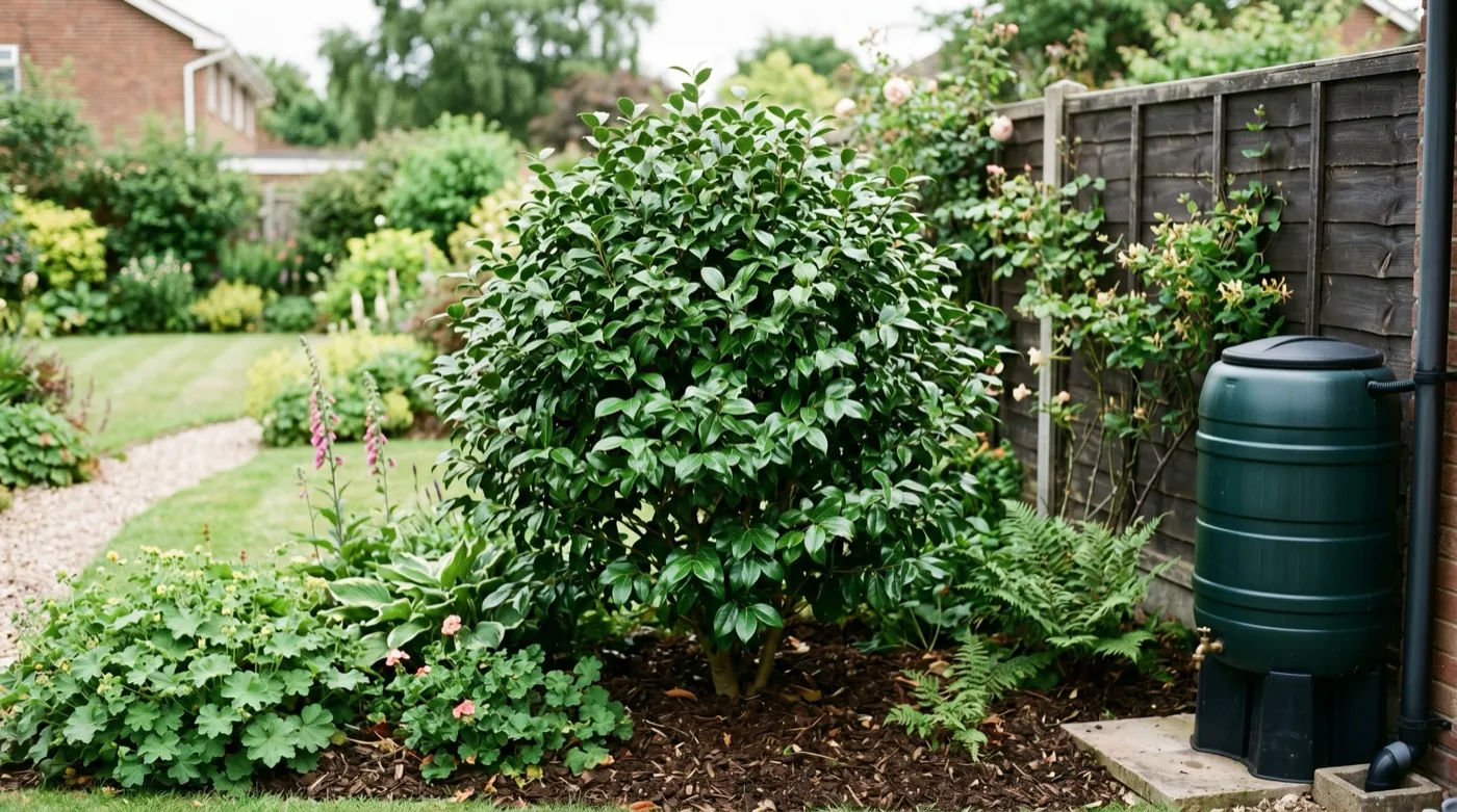 Recovered deep-green camellia in full leaf in a suburban UK back garden border after iron chlorosis treatment