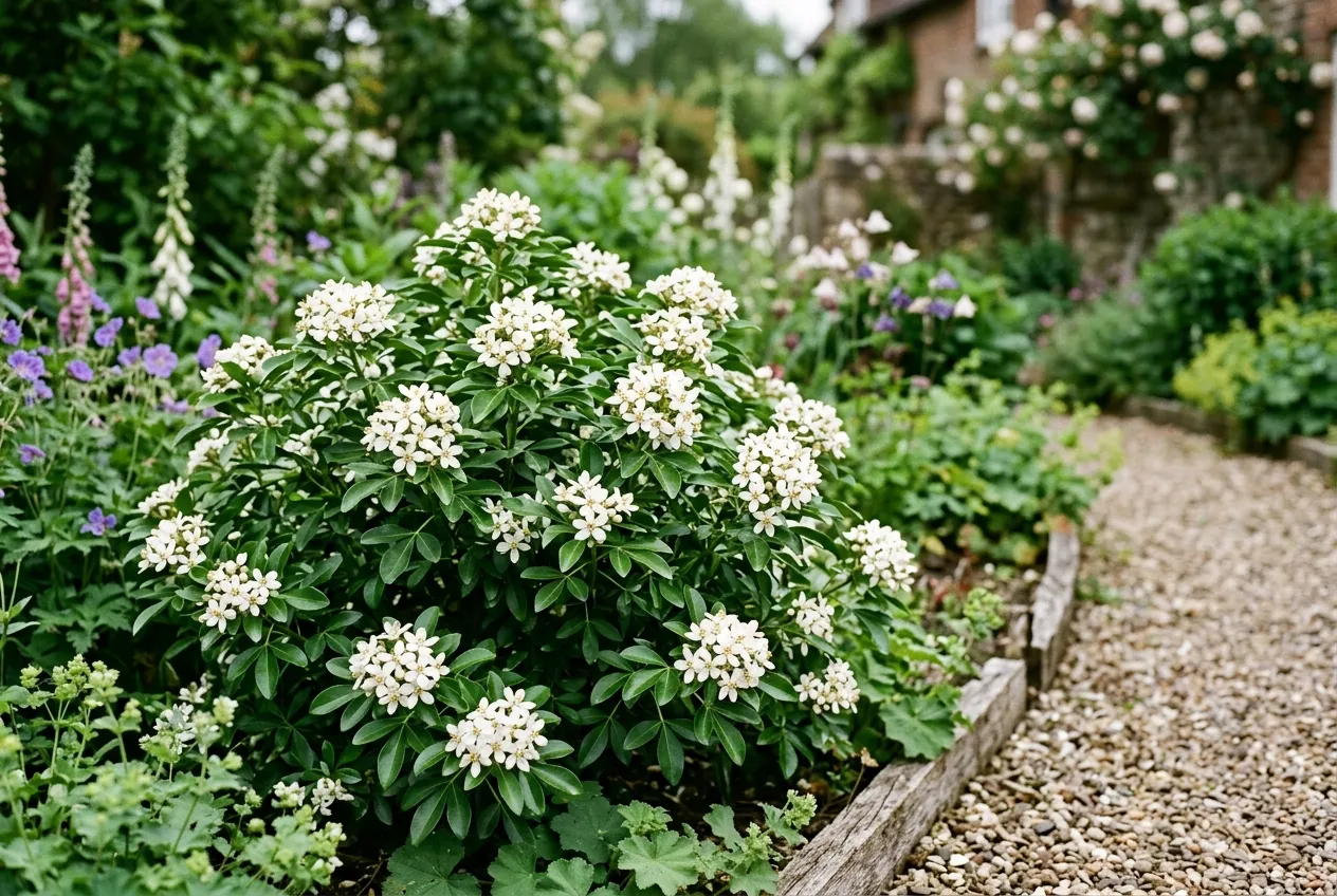Choisya ternata in full flower with white star-shaped blooms and glossy green foliage in a UK cottage garden